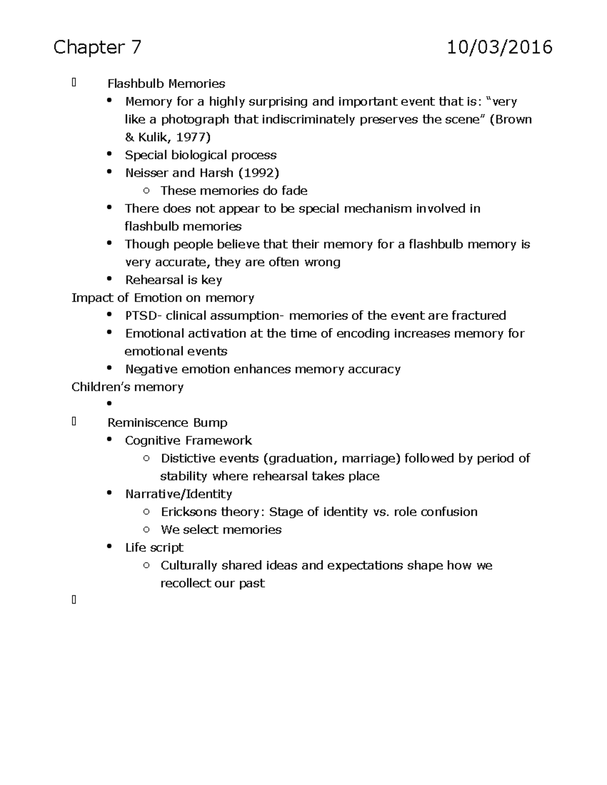 Chapter 7 - Lecture notes 7 - Chapter 7 10/03/ Flashbulb Memories ...