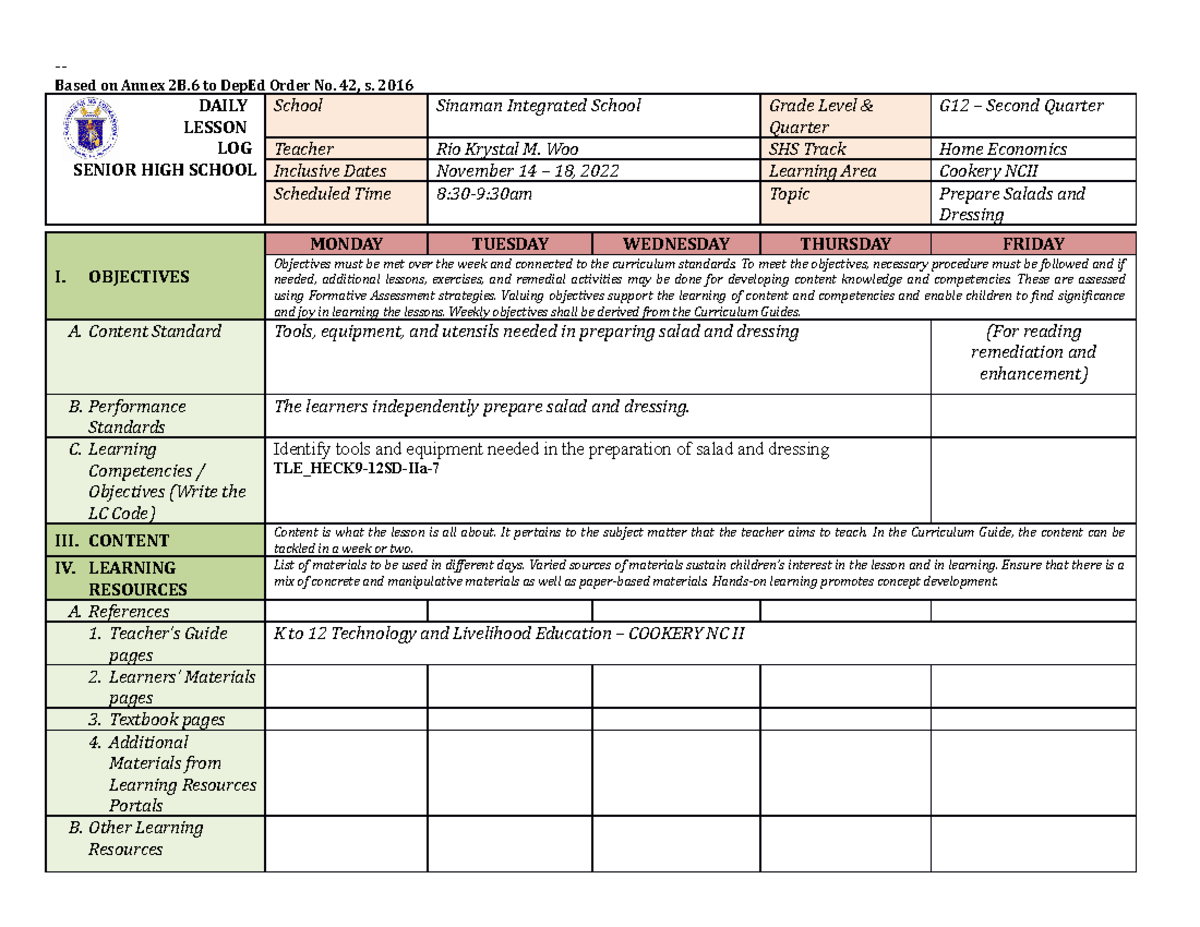 Week 2 Cookery - Interesting - Based on Annex 2B to DepEd Order No. 42 ...