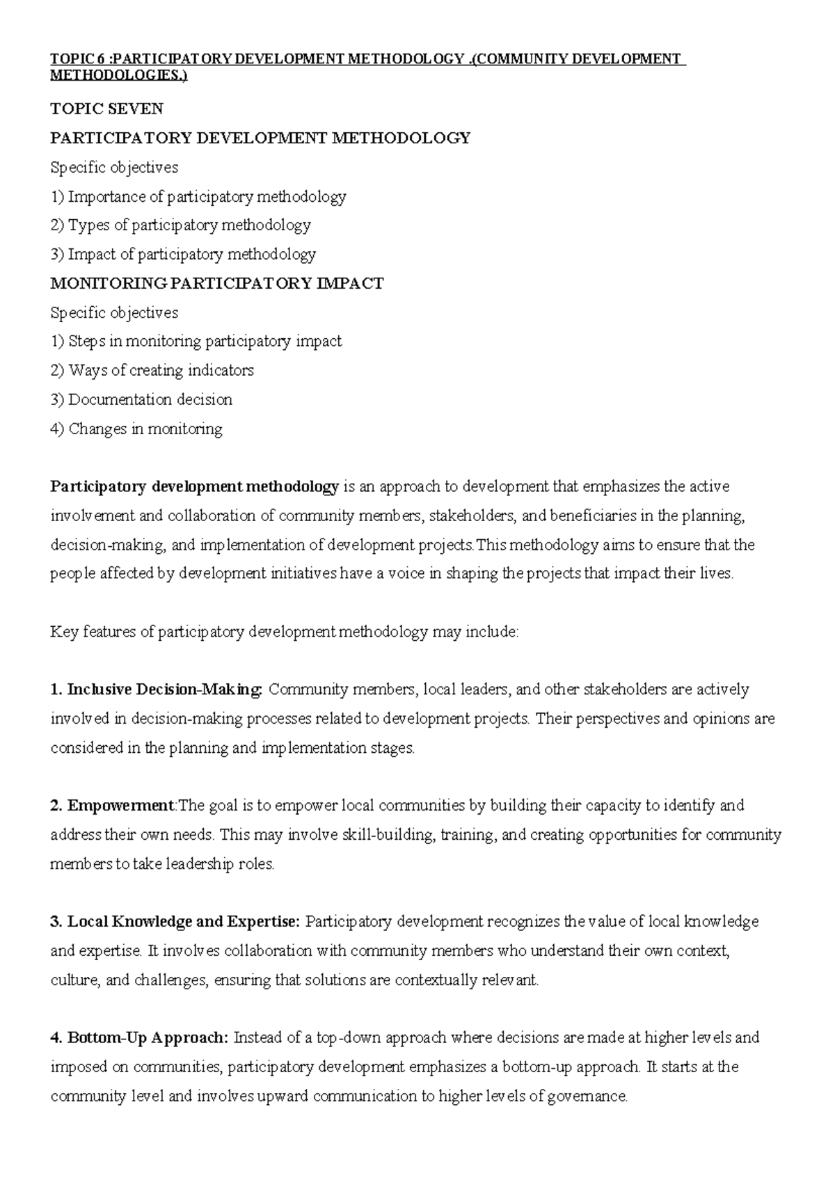 Topic 6- Paticipatory Development Methodologies - TOPIC 6 ...