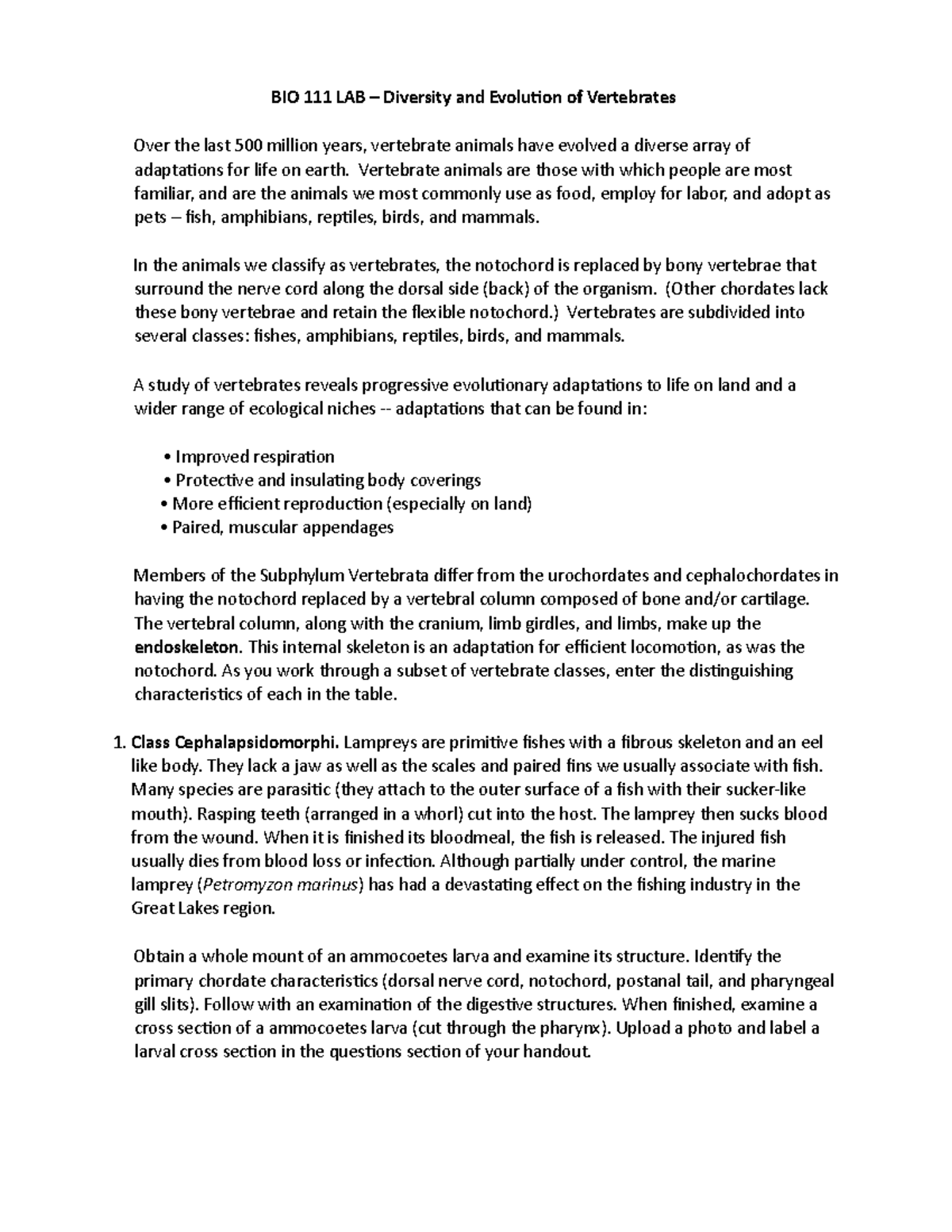Lab 11 Bio 101. - BIO 111 LAB – Diversity and Evolution of Vertebrates ...