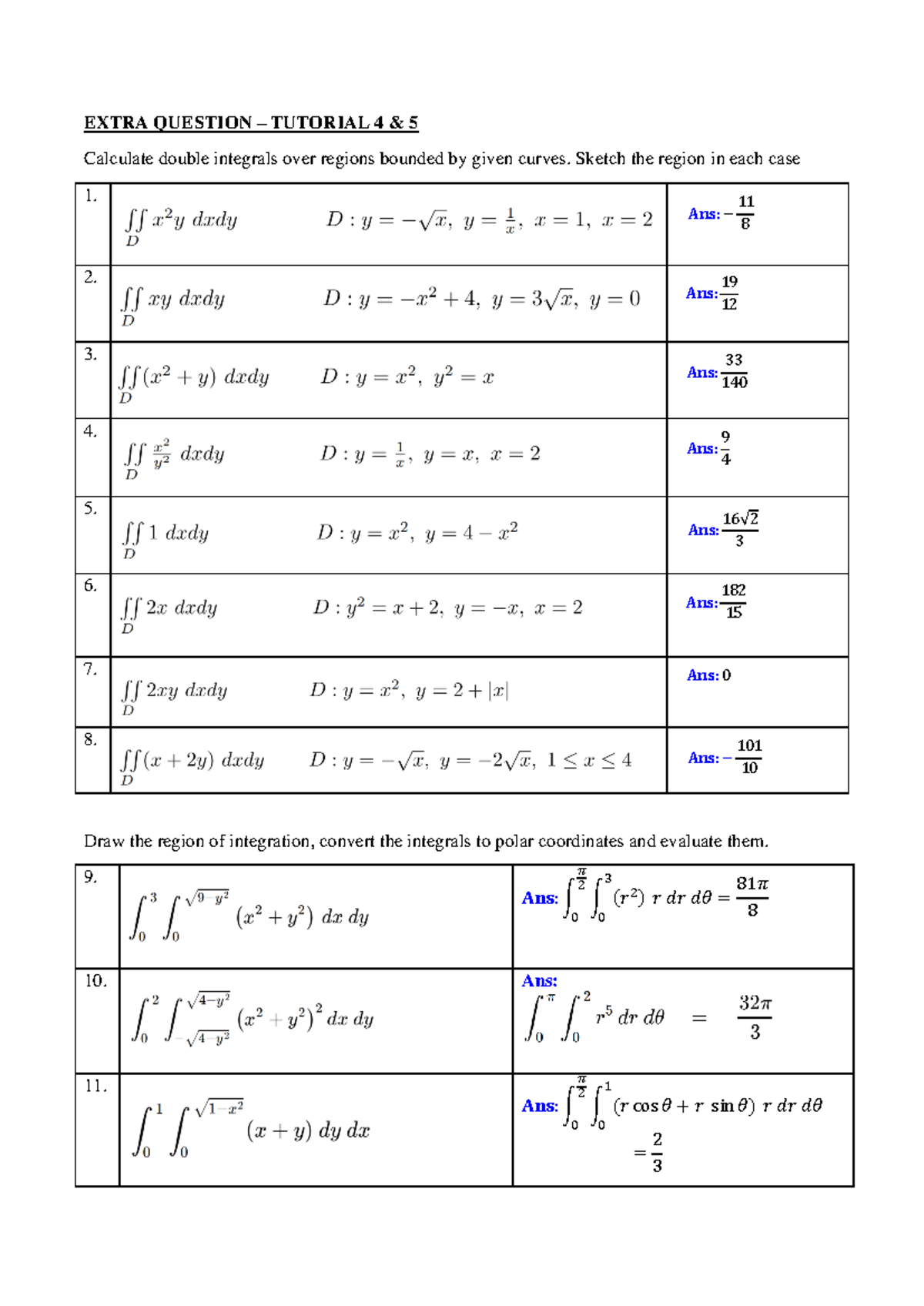 Mat538 Tutorial 4 And 5 Chapter 4 5 Extra Question Tutorial 4 And 5 Calculate Double Integrals 4840