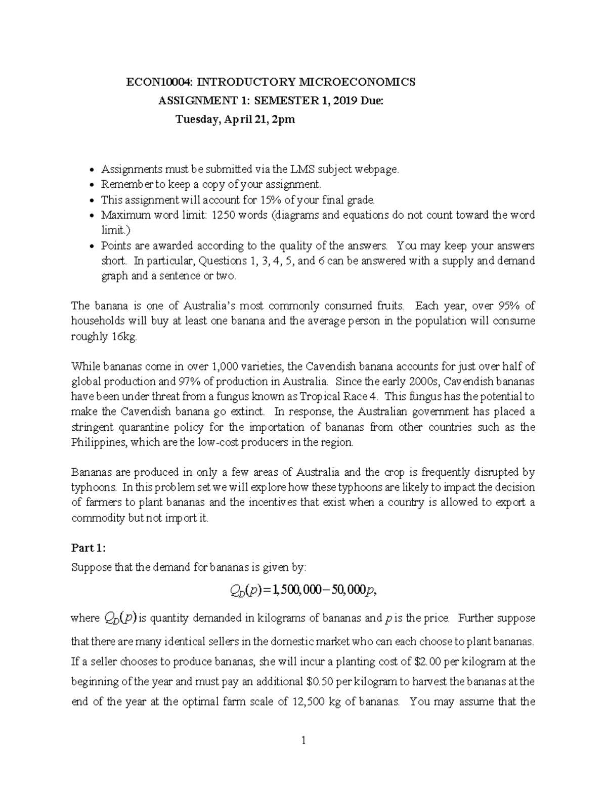 Assignment 1 Solutions - ECON10004: INTRODUCTORY MICROECONOMICS ...