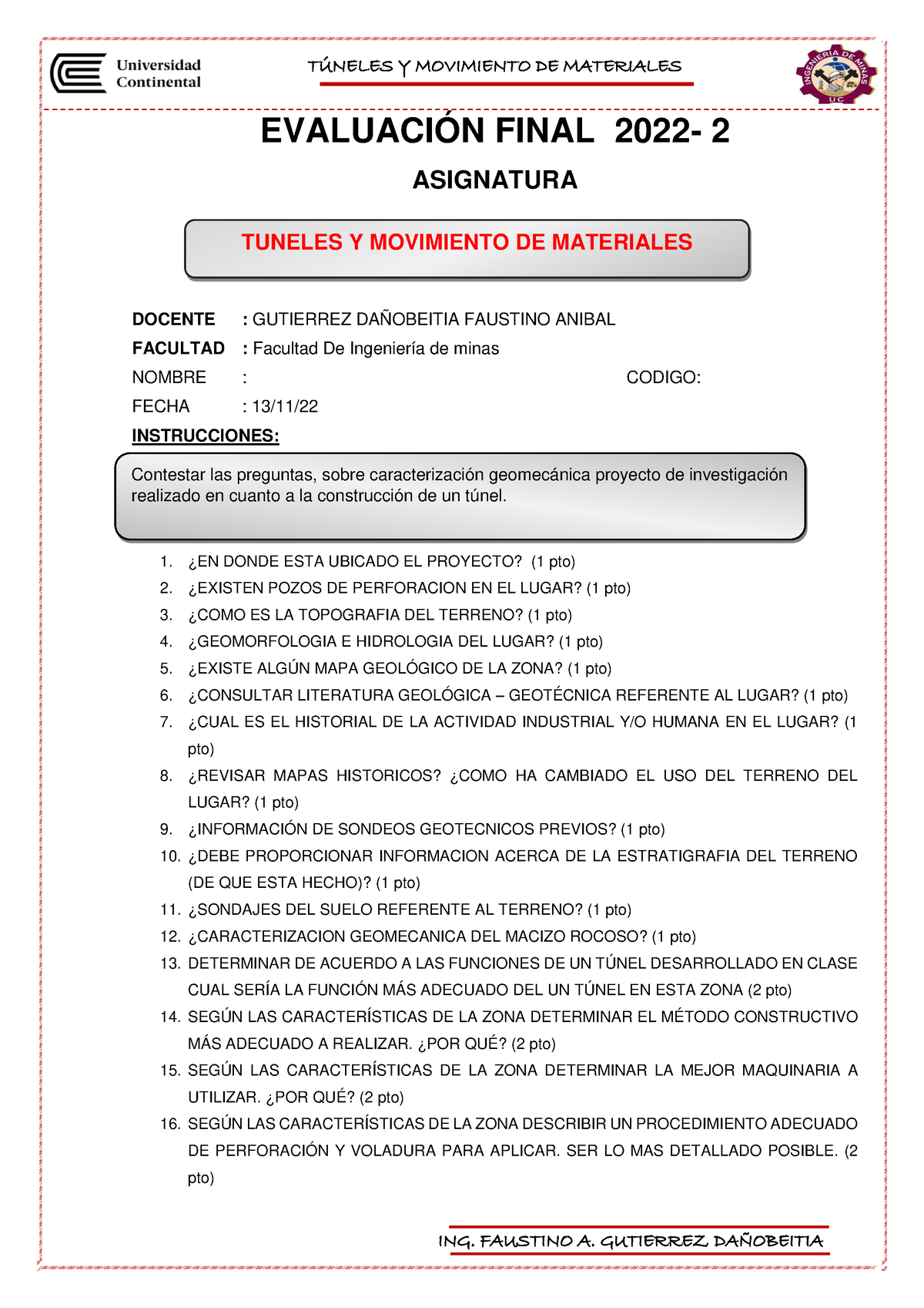 Examen Parcial Tuneles Y Movimiento DE Materiales - EVALUACIÓN FINAL ...