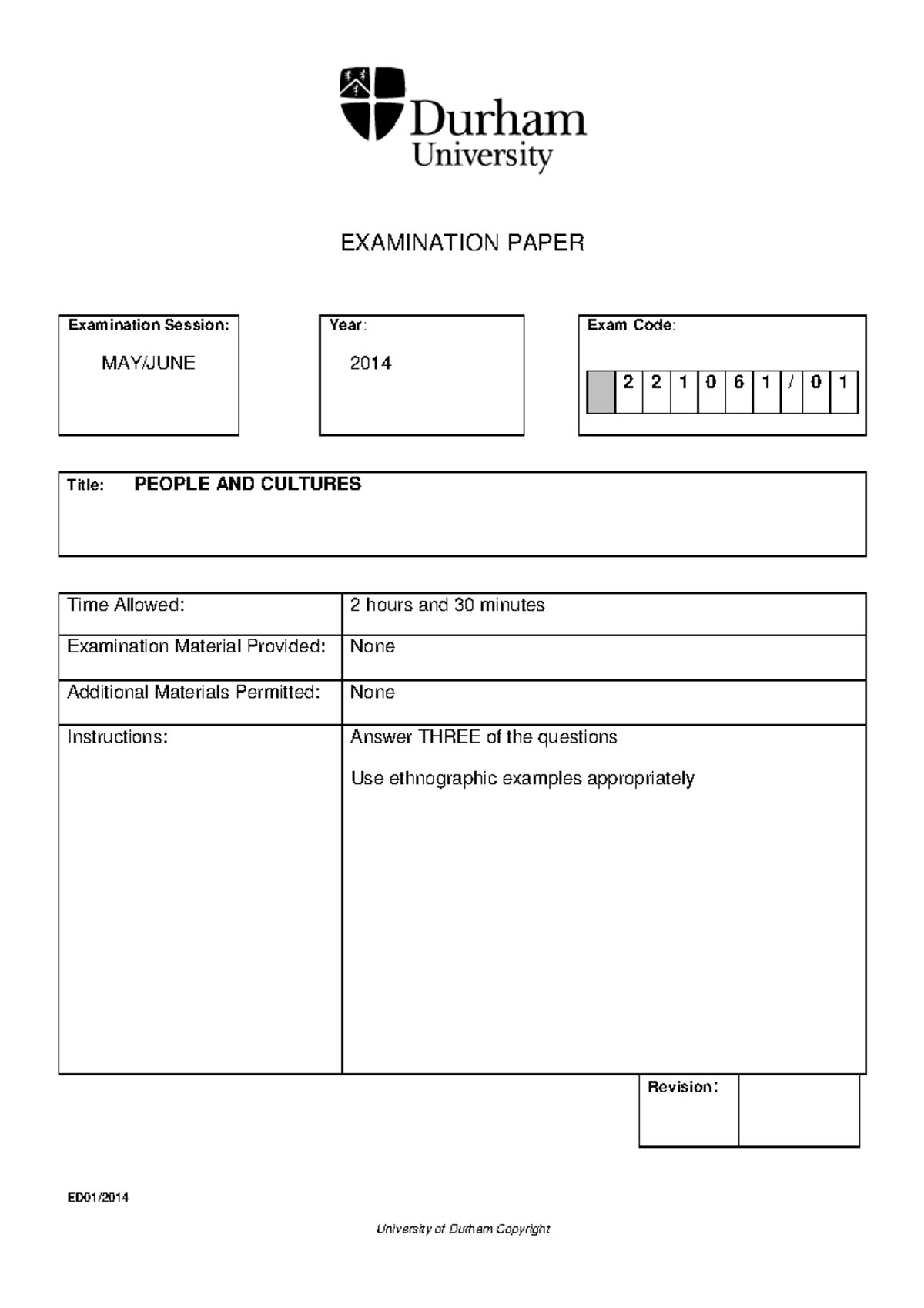 Sample/practice exam April 2014, questions - EXAMINATION PAPER ...