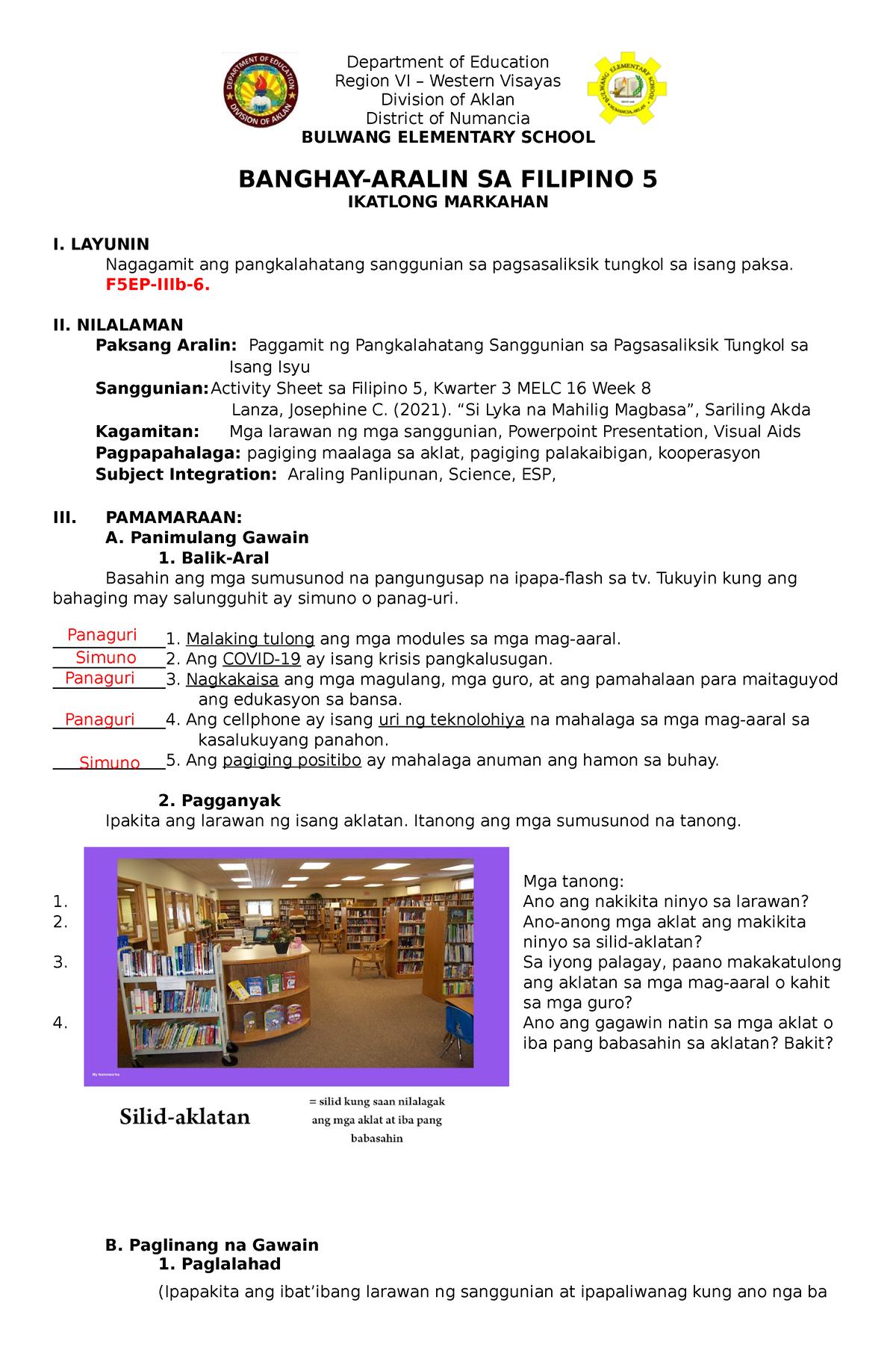 Lesson Plan Filipino 5 Pangkalahatang Sanggunian Department Of Education Region Vi Western 5187