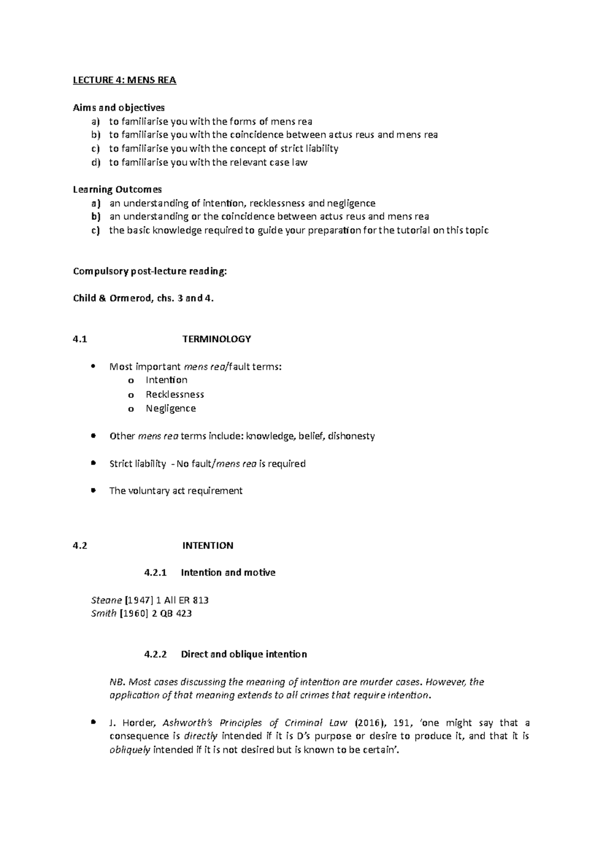 Criminal law lecture 4 LECTURE 4 MENS REA Aims and objectives a) to