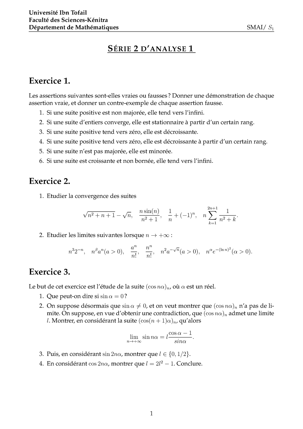 Série 2 Analyse 1 SMAI - Université Ibn Tofail Faculté Des Sciences ...