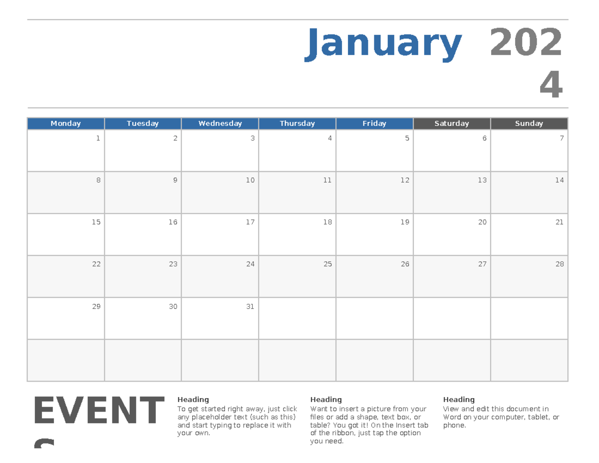 Horizontal calendar Monday start - January 202 4 Monday Tuesday ...