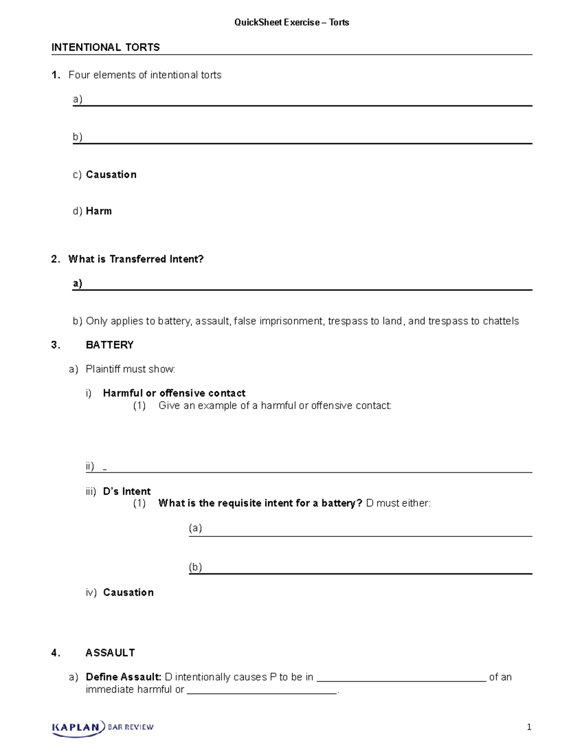 MBE QSExercise Torts - Lecture Handout - INTENTIONAL TORTS Four ...