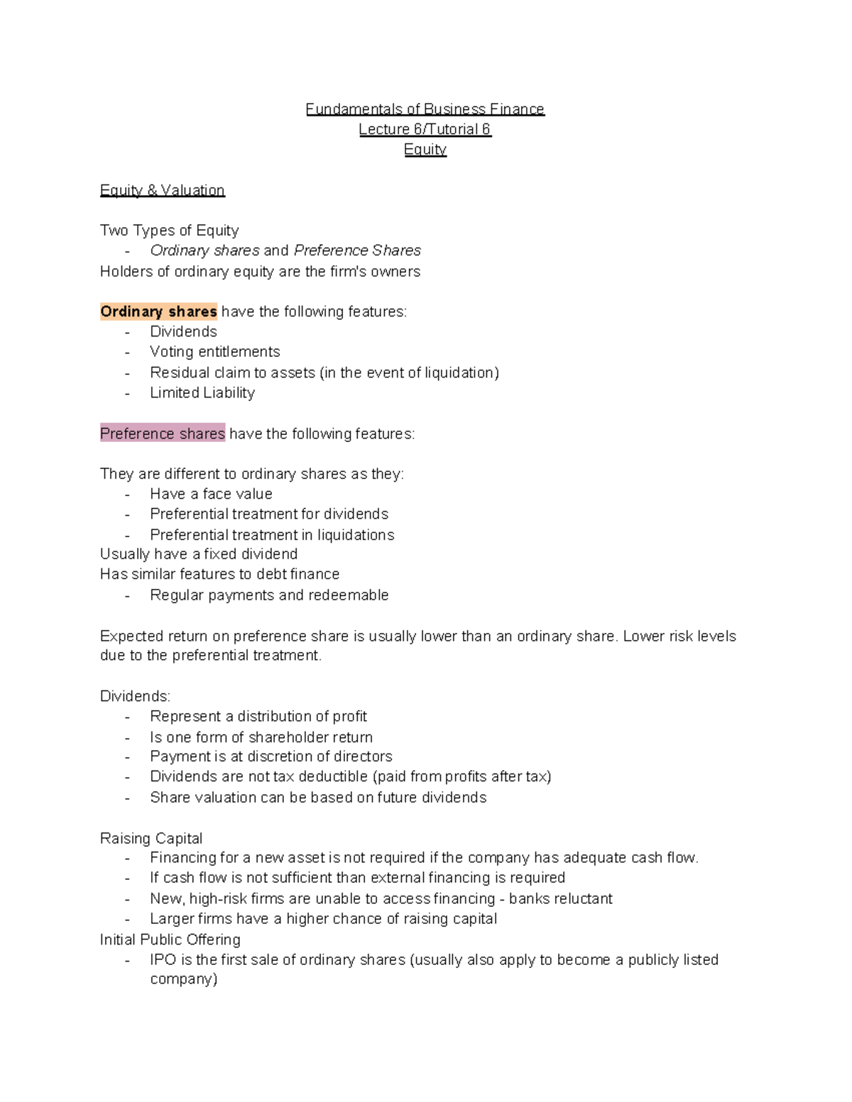 Lecture 6 - Equity Notes - Fundamentals of Business Finance Lecture 6 ...