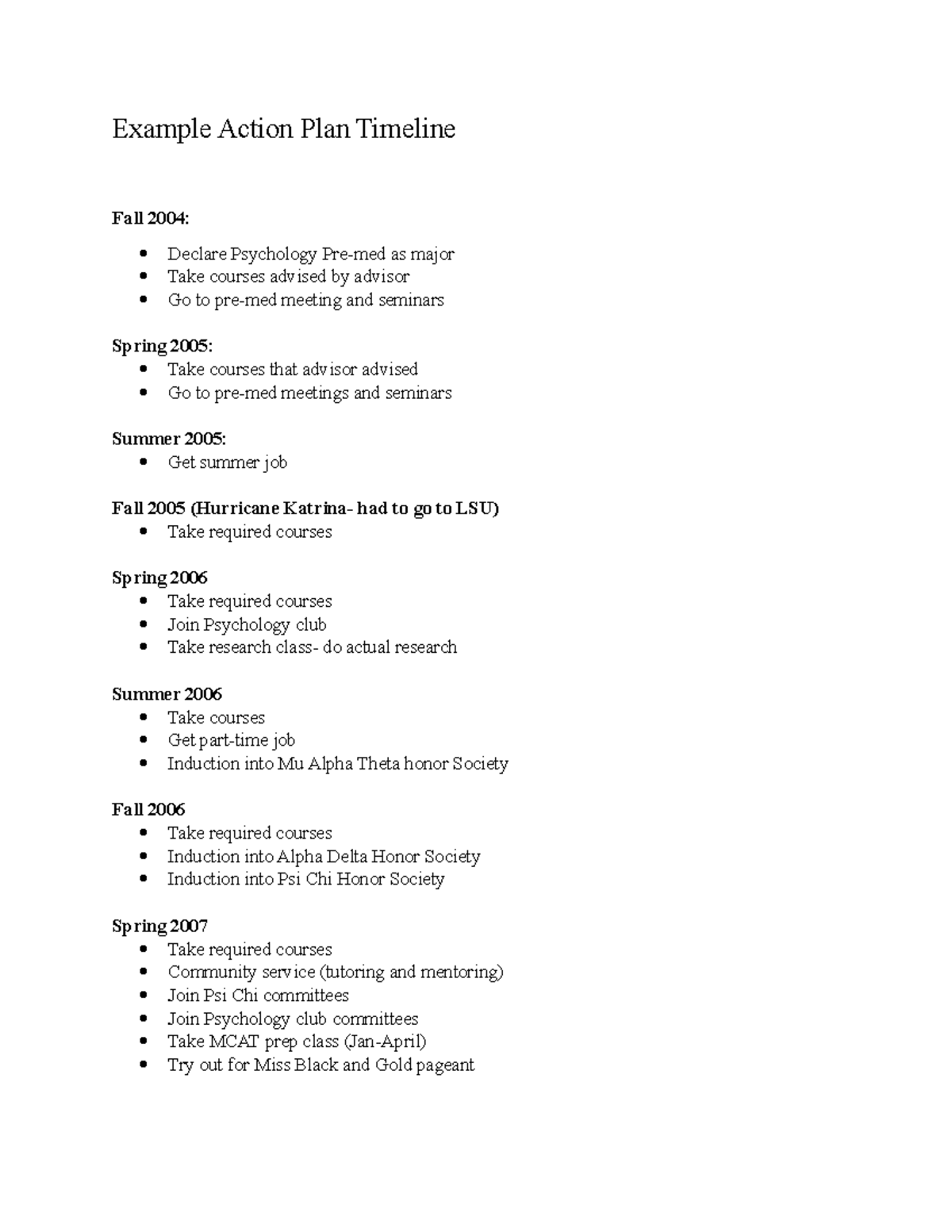 Example Action Plan Timeline - Visit graduate programs Internship class ...