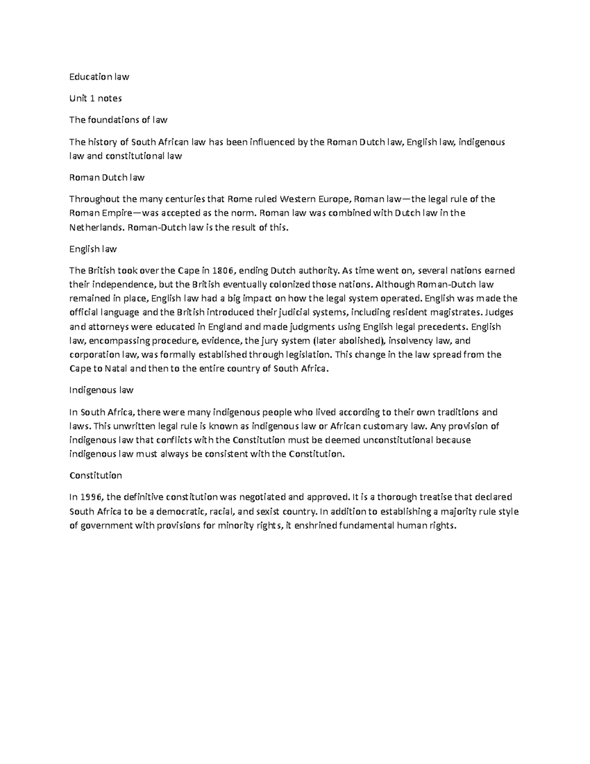 Education law notes unit 1 Education law Unit 1 notes The foundations of law The history of