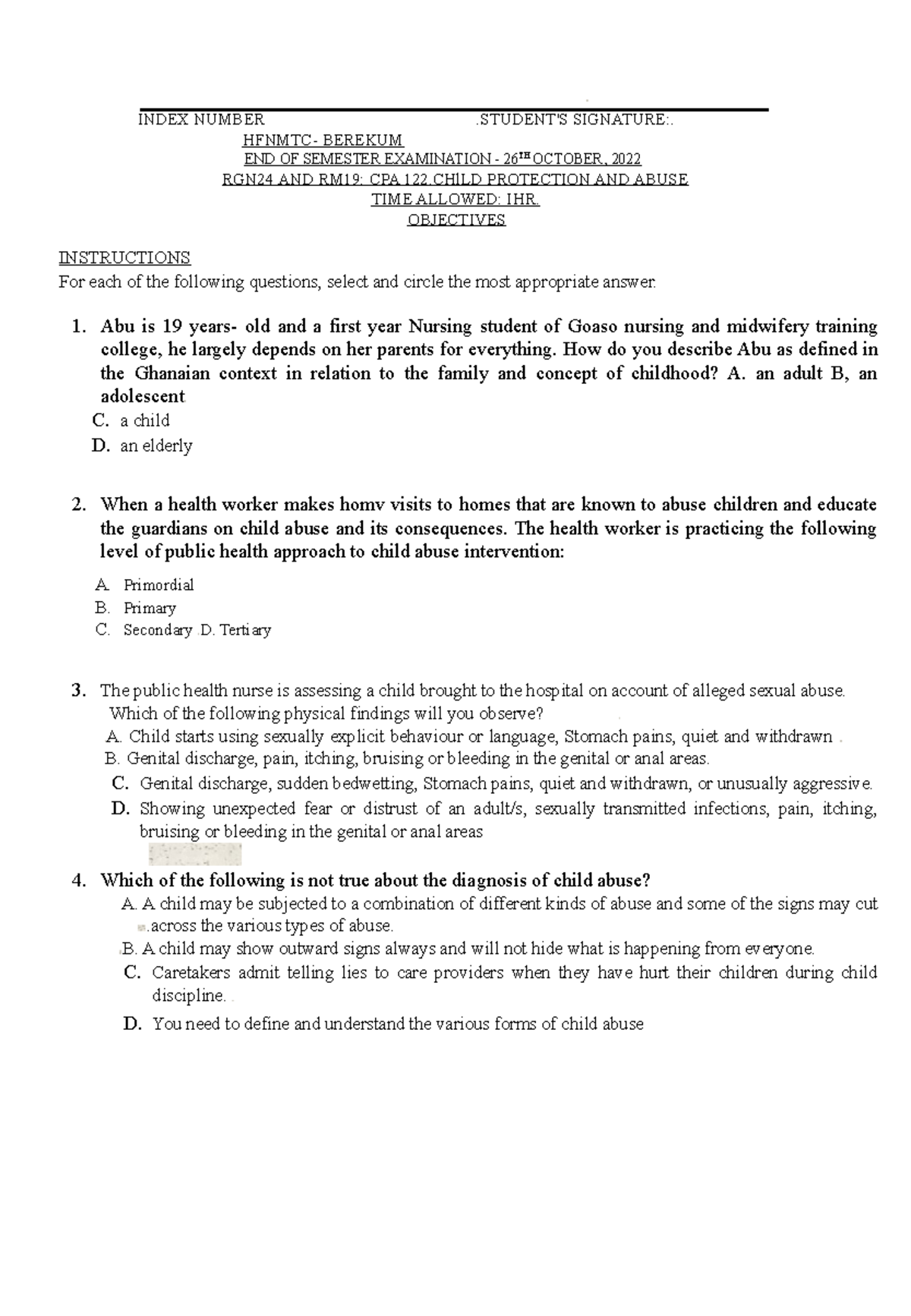 Child Protection INDEX NUMBER .STUDENT'S SIGNATURE. HFNMTC BEREKUM END OF SEMESTER