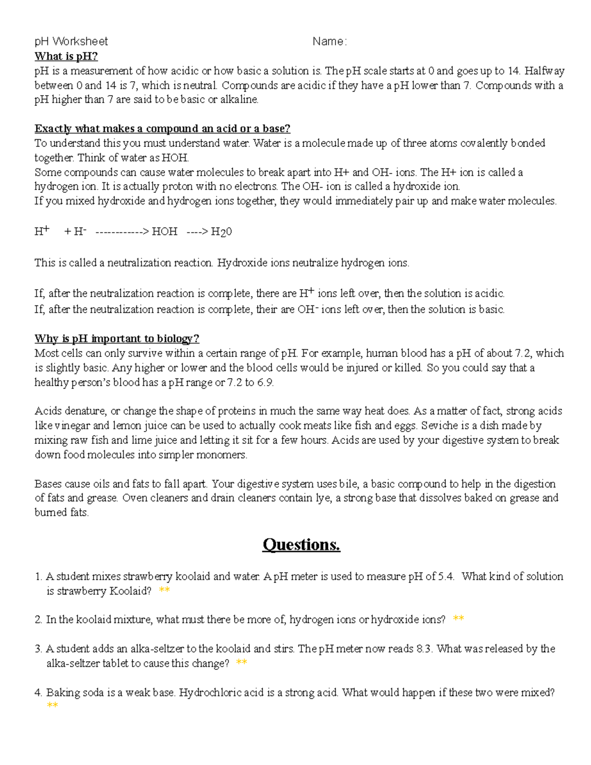 Phworksheet 1 Idk PH Worksheet Name What Is PH PH Is A 