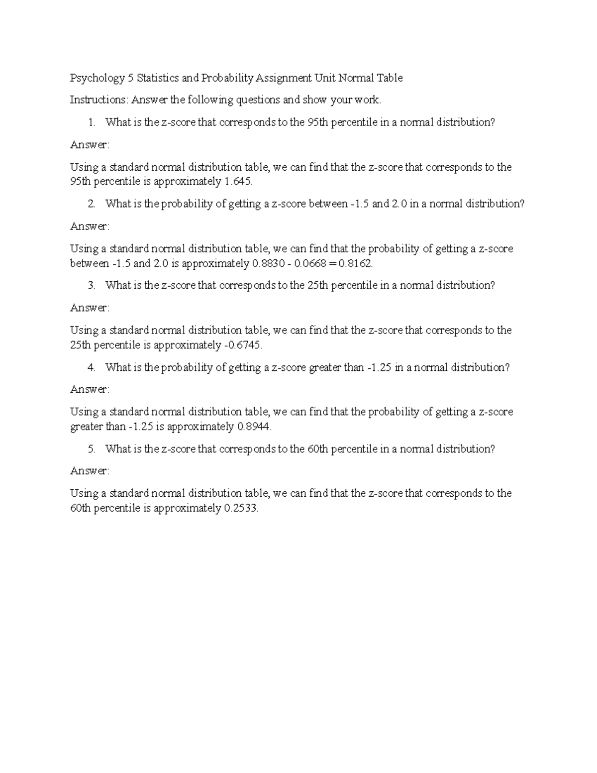 Psychology 5 Statistics And Probability Assignment Unit Normal Table ...