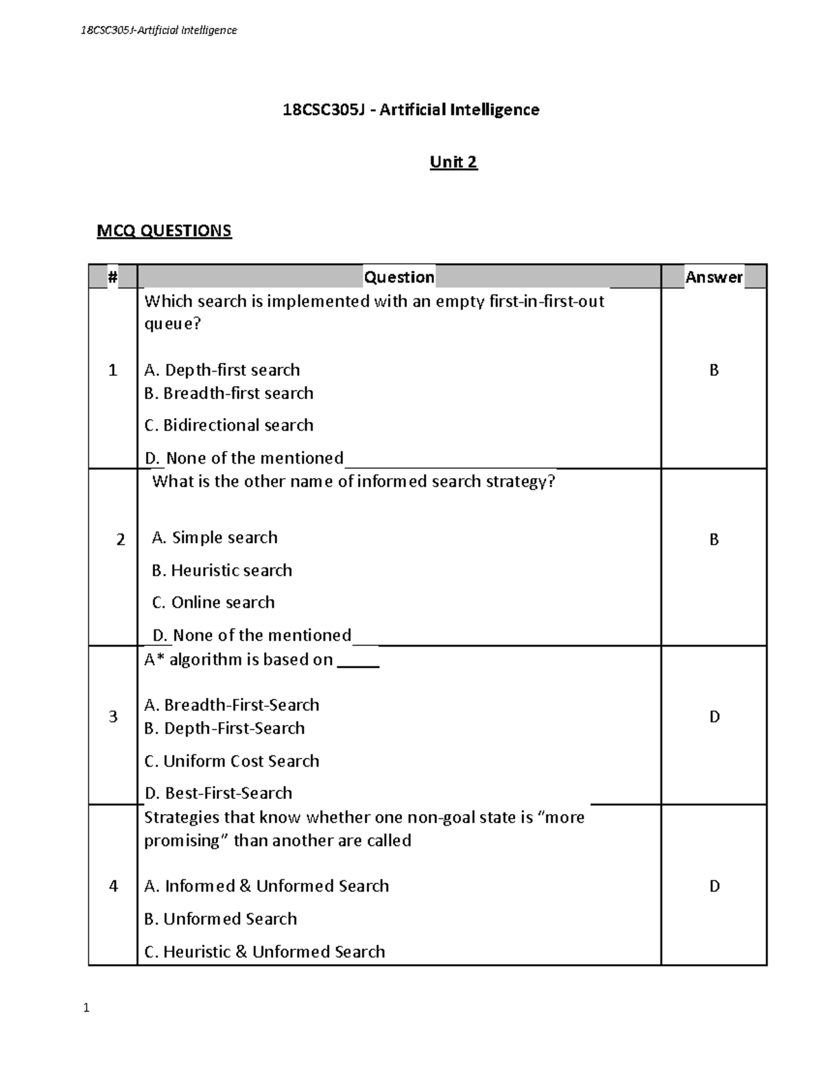 18csc305j Artificial Intelligence Unit2 Qb 18csc305j Artificial Intelligence Mcq Questions 18csc305j Artificial Intelligence Unit2 Qb 18csc305j Artificial Intelligence Mcq Questions