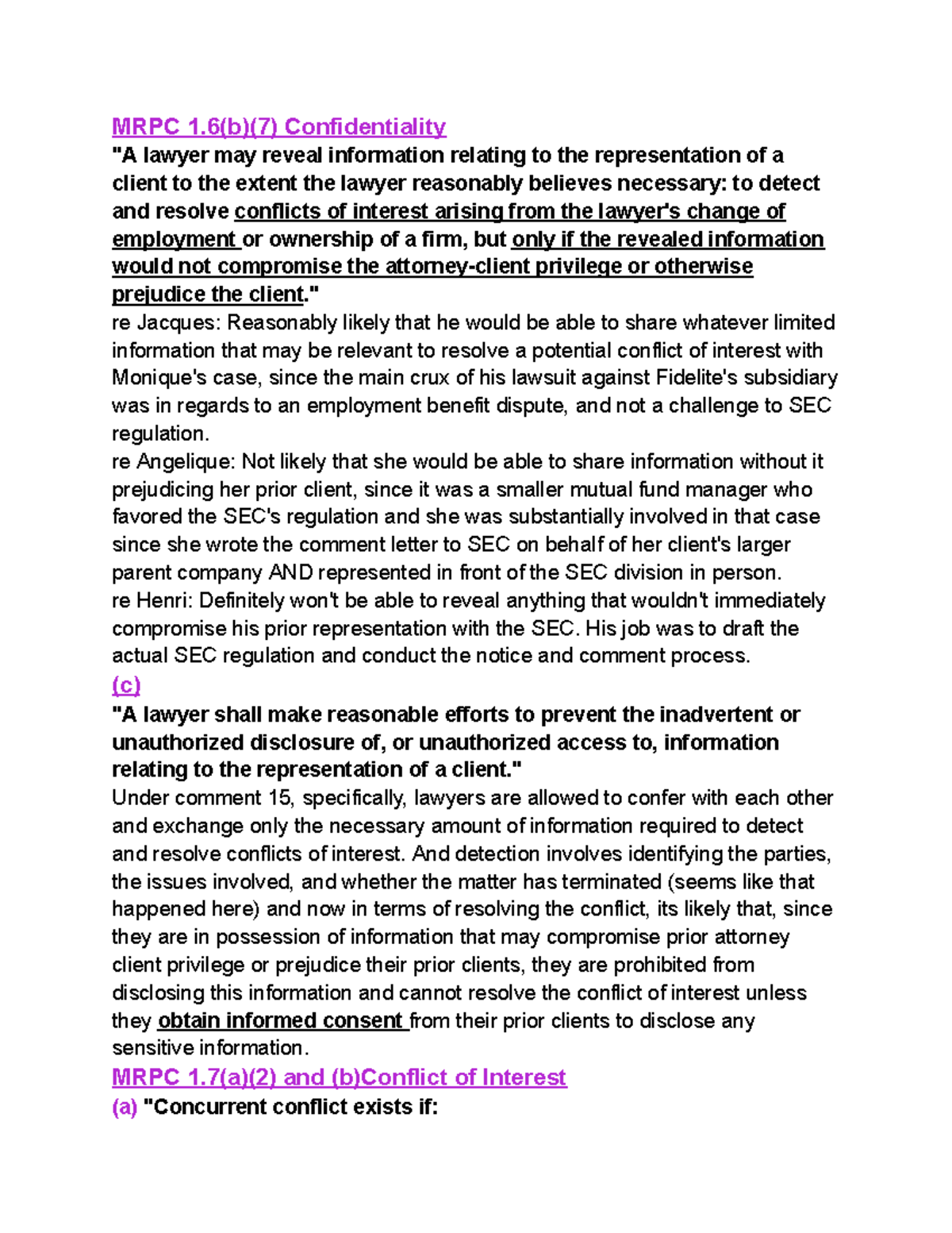 Ethics Scenarion 6 MRPC 1(b)(7) Confidentiality "A lawyer may reveal