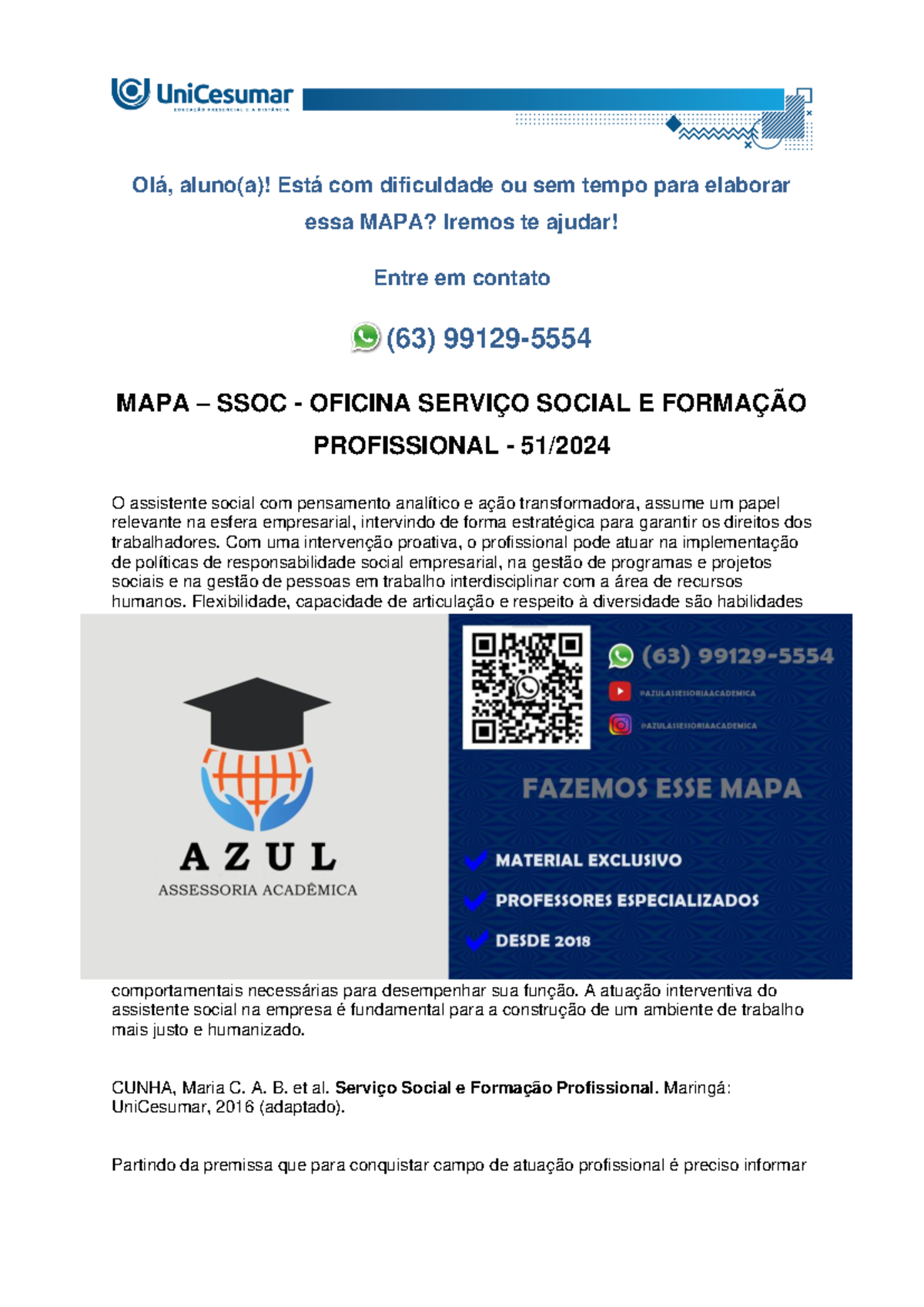 MAPA - SSOC - OFICINA SERVIÇO SOCIAL E FORMAÇÃO PROFISSIONAL - 51/2024 ...
