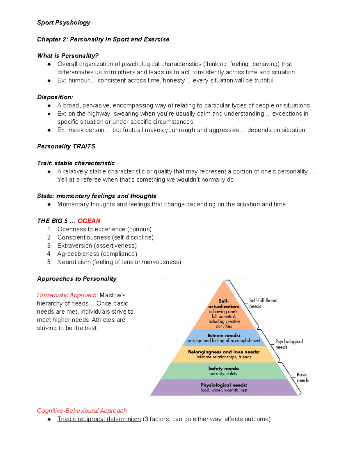 Chapter 2 - Lecture Notes 2 - Sport Psychology Chapter 2: Personality ...