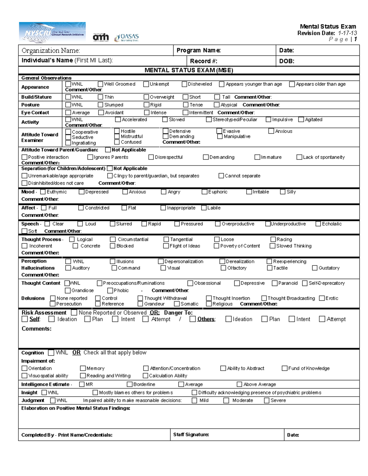 Mental status exam template 03 - Mental Status Exam Revision Date: 1-17 ...