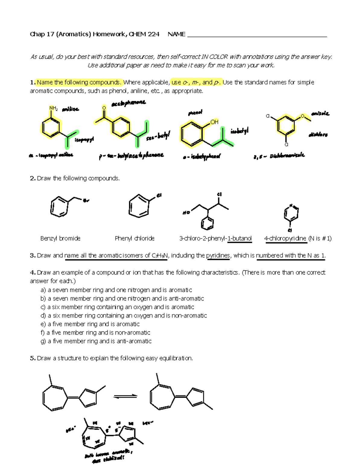 Chap 17 Aromaticity S22 HW - Chap 17 (Aromatics) Homework, CHEM 224 ...