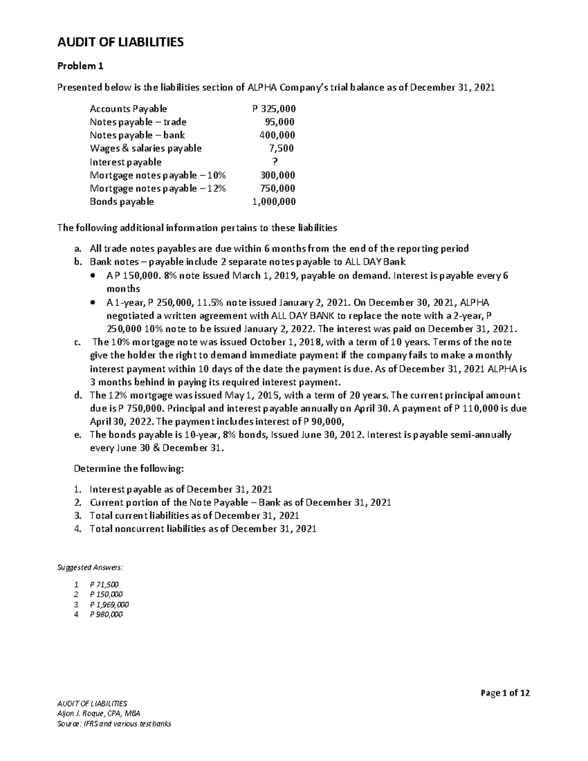 77876343 - Acctg material - Page 1 of 12 AUDIT OF LIABILITIES Aljon J ...