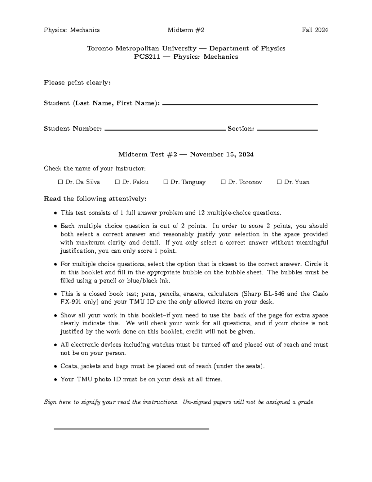 PCS211 Midterm 2 - Physics: Mechanics Midterm #2 Fall 2024 Toronto ...