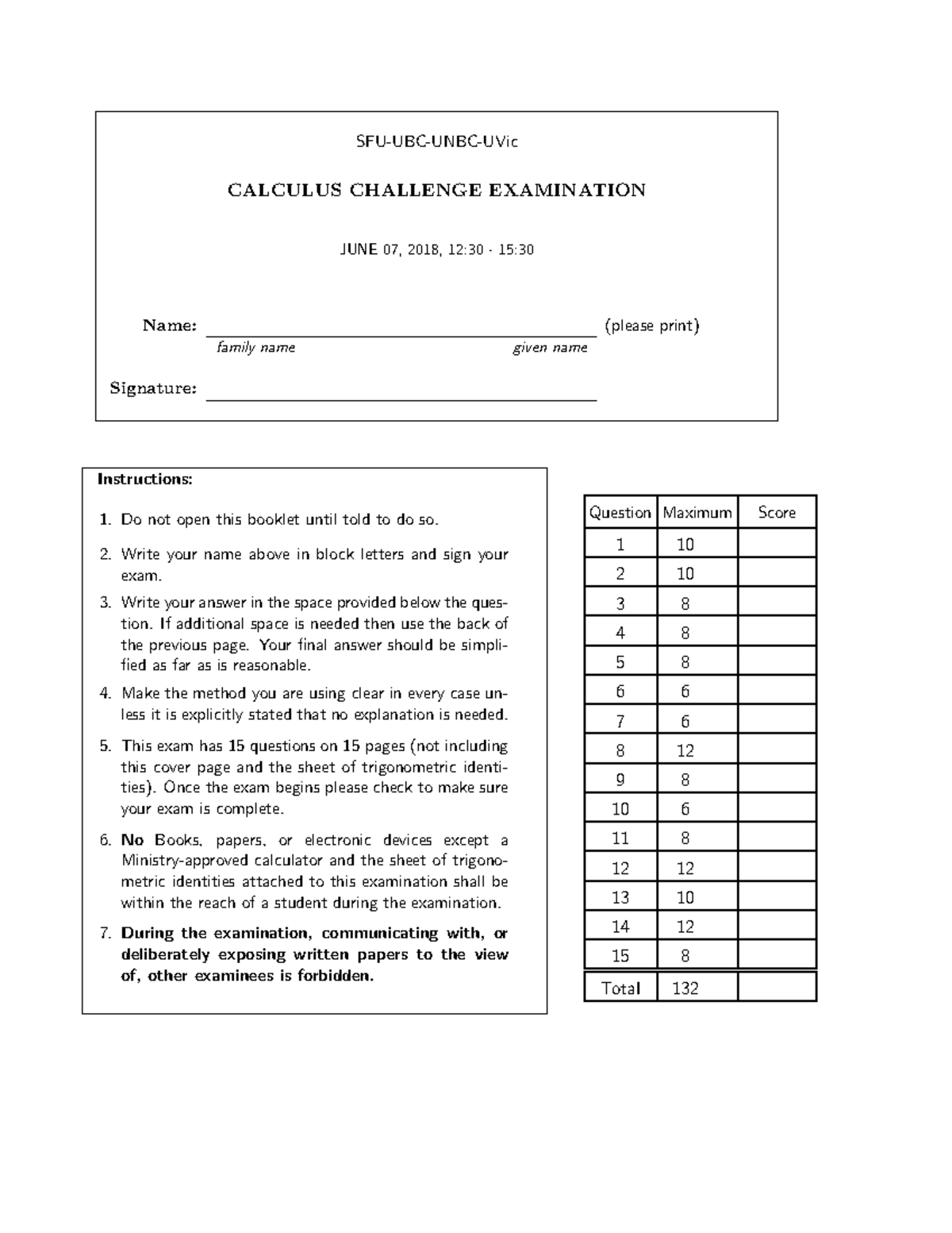 Exam Challenge exam SFUUBCUNBCUVic CALCULUS CHALLENGE