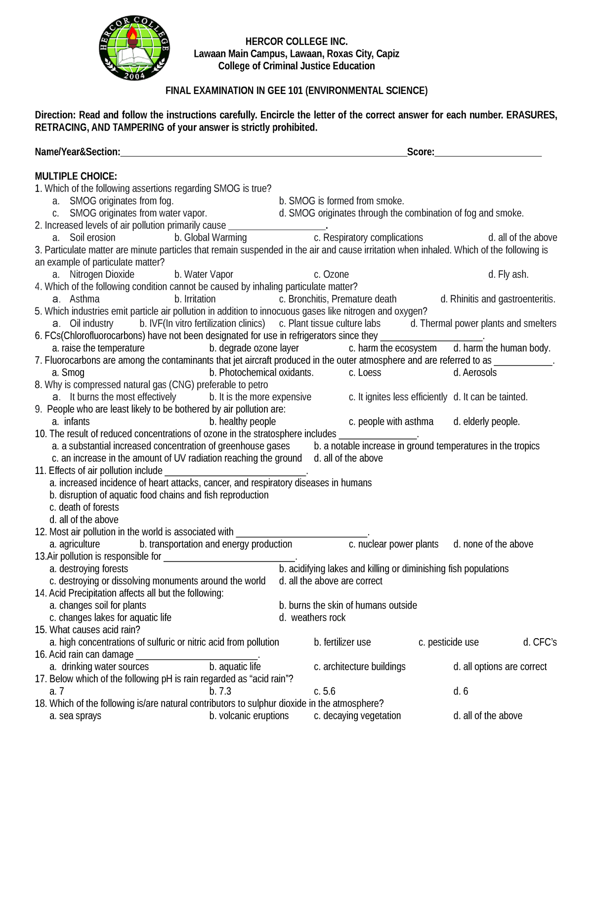 Hercor College Final EXAM GEE 101 2 - HERCOR COLLEGE INC. Lawaan Main ...