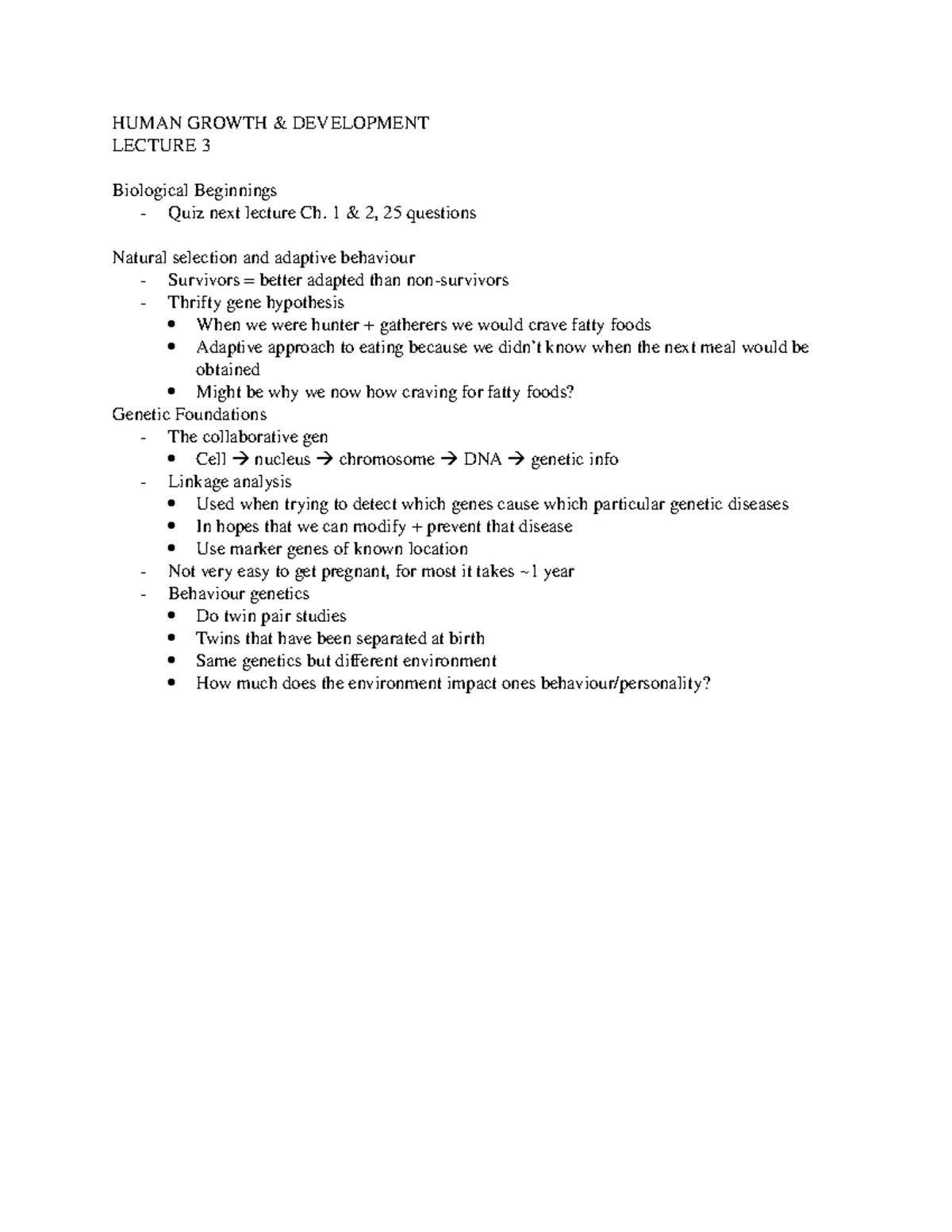 Lecture 3 Notes - HUMAN GROWTH & DEVELOPMENT LECTURE 3 Biological ...