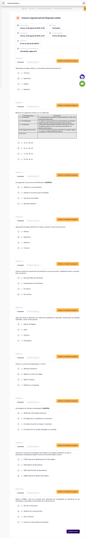 Planificación de proyectos Examen tercer parcial (Segunda vuelta ...