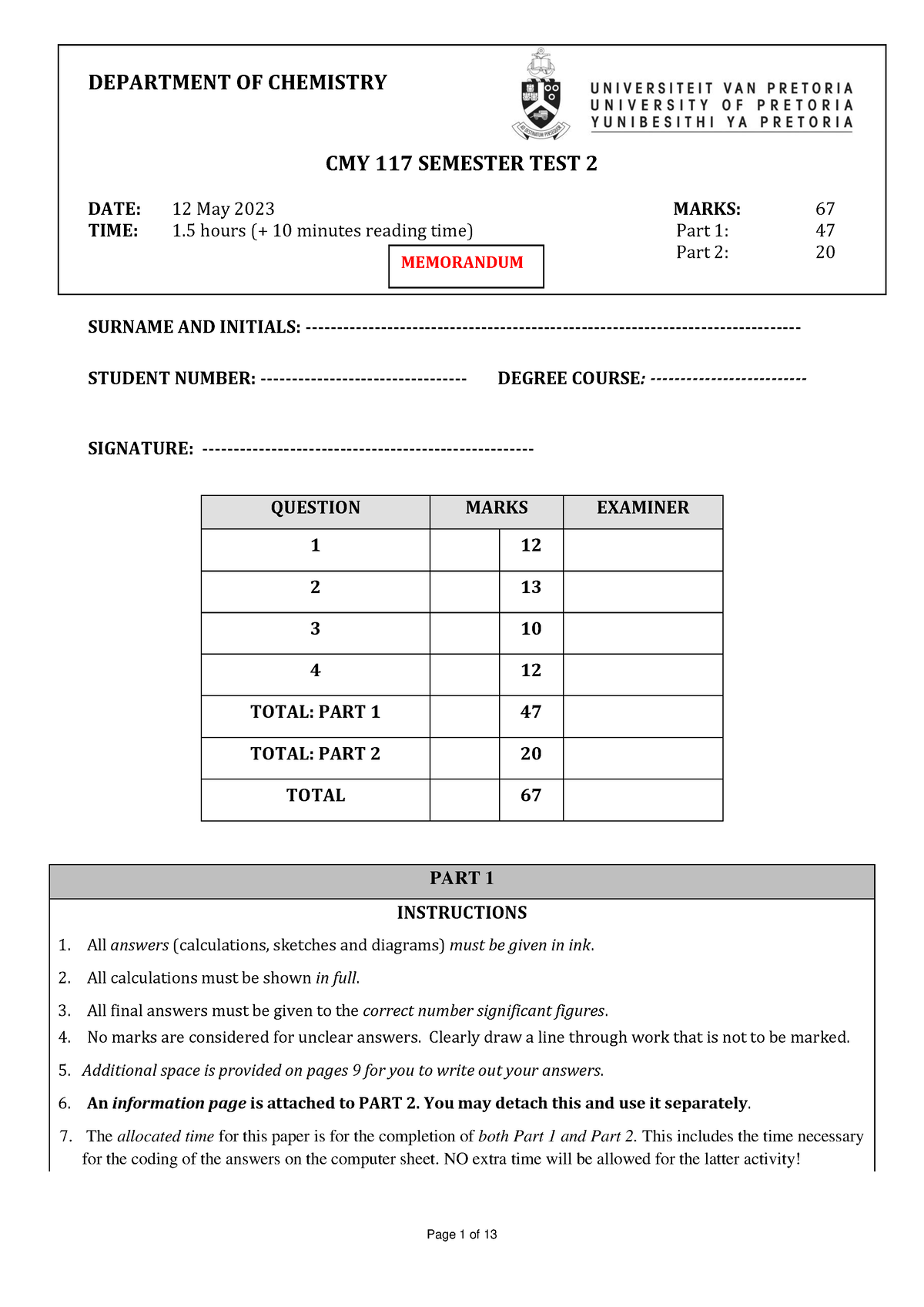 20230410 Semester Test 2 Part 1( Memorandum) - Department Of Chemistry 