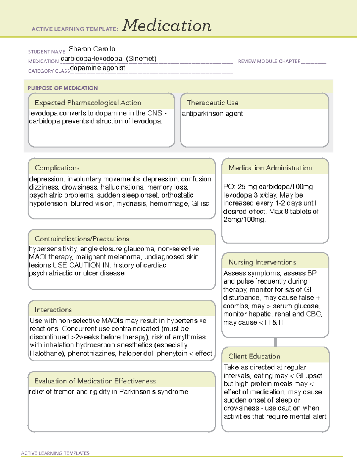 Carbidopalevodopa ALT ACTIVE LEARNING TEMPLATES Medication STUDENT