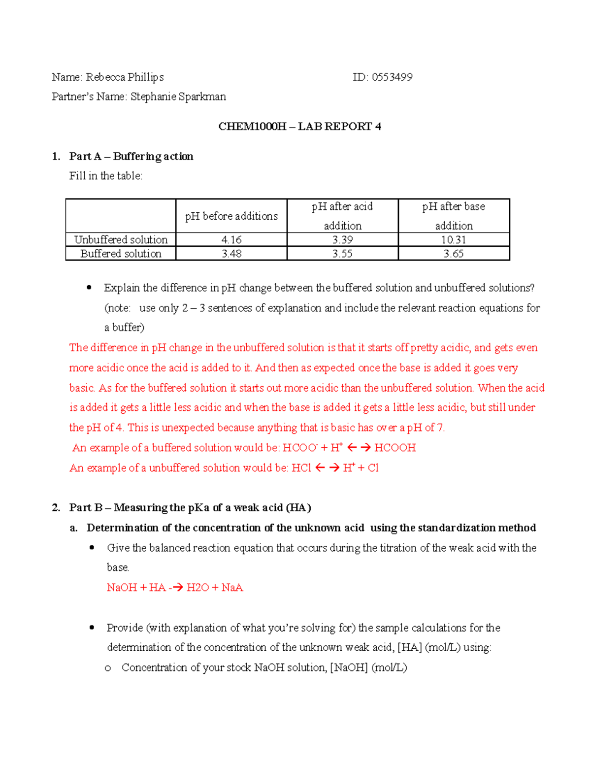 Chem Lab Report 4 Name Rebecca Phillips ID 0553499 Partner’s Name