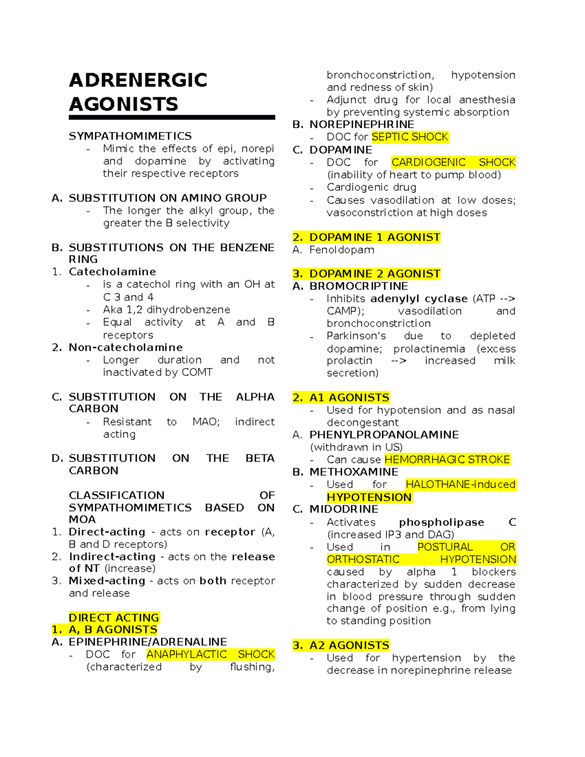 Adrenergic Agonists and Antagonists Notes - Pharmacology 1 - OLFU - Studocu