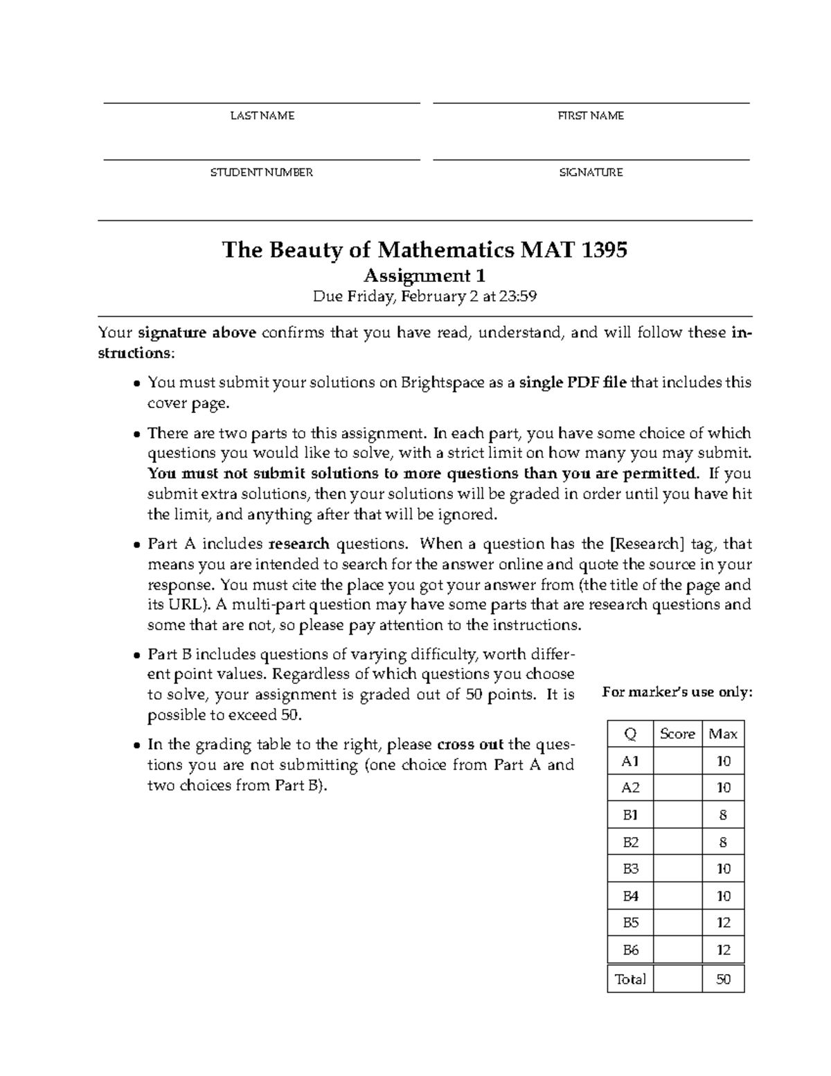 MAT 1395 Assignment 1 - LAST NAME FIRST NAME STUDENT NUMBER SIGNATURE ...