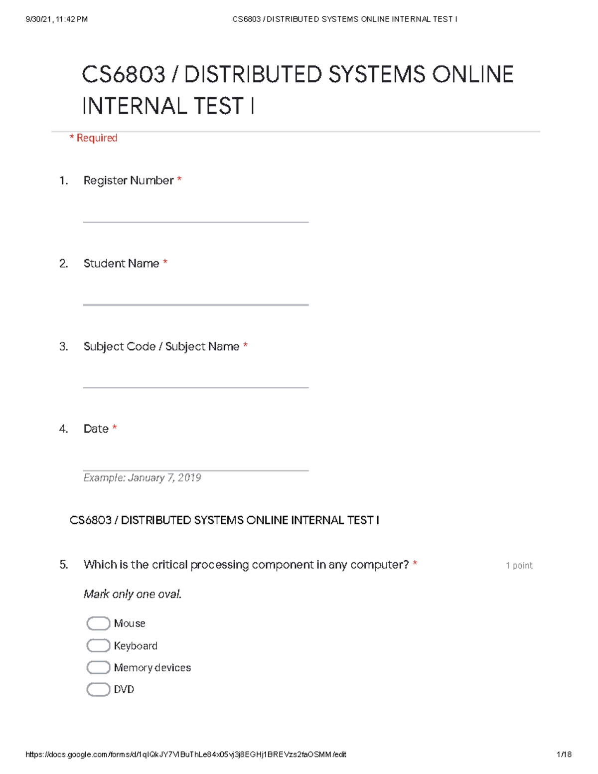 CS6803 Distributed Systems Online Internal TEST I - Google Forms - 1. 2 ...