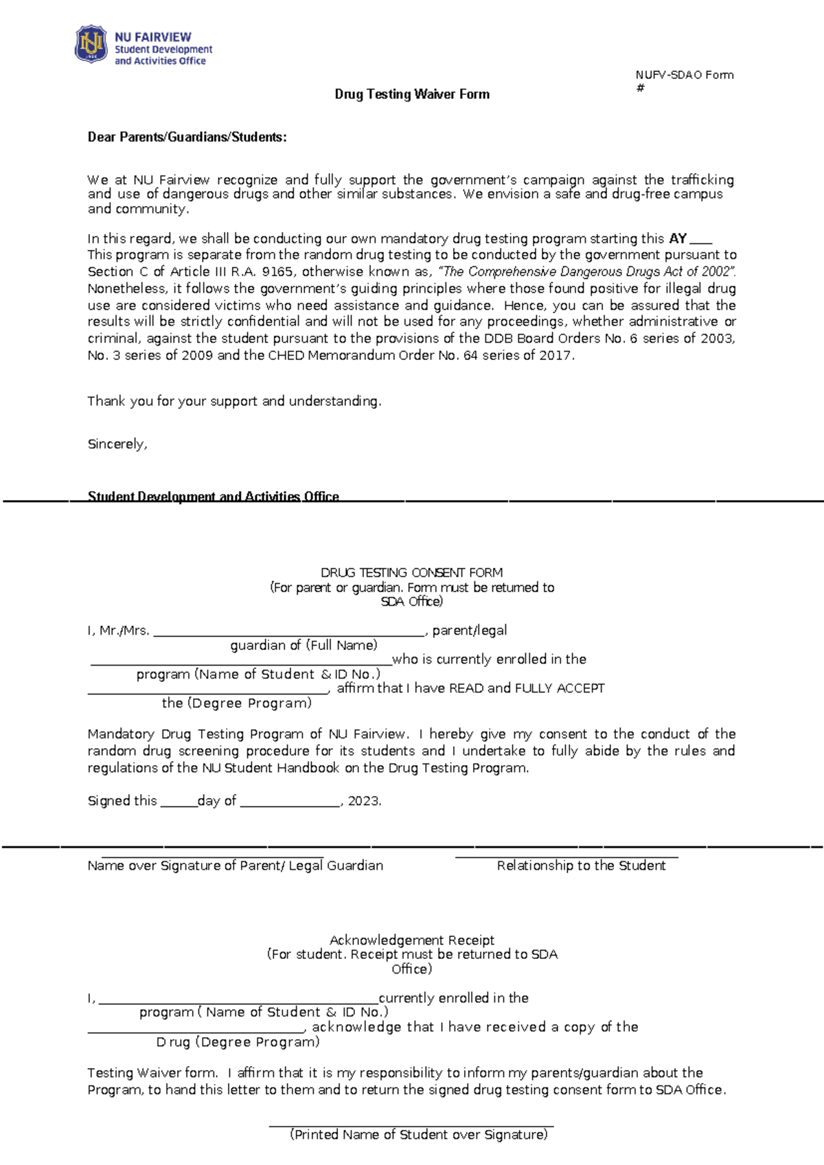 Download-1 - omsiim - Drug Testing Waiver Form NUFV-SDAO Form Dear ...