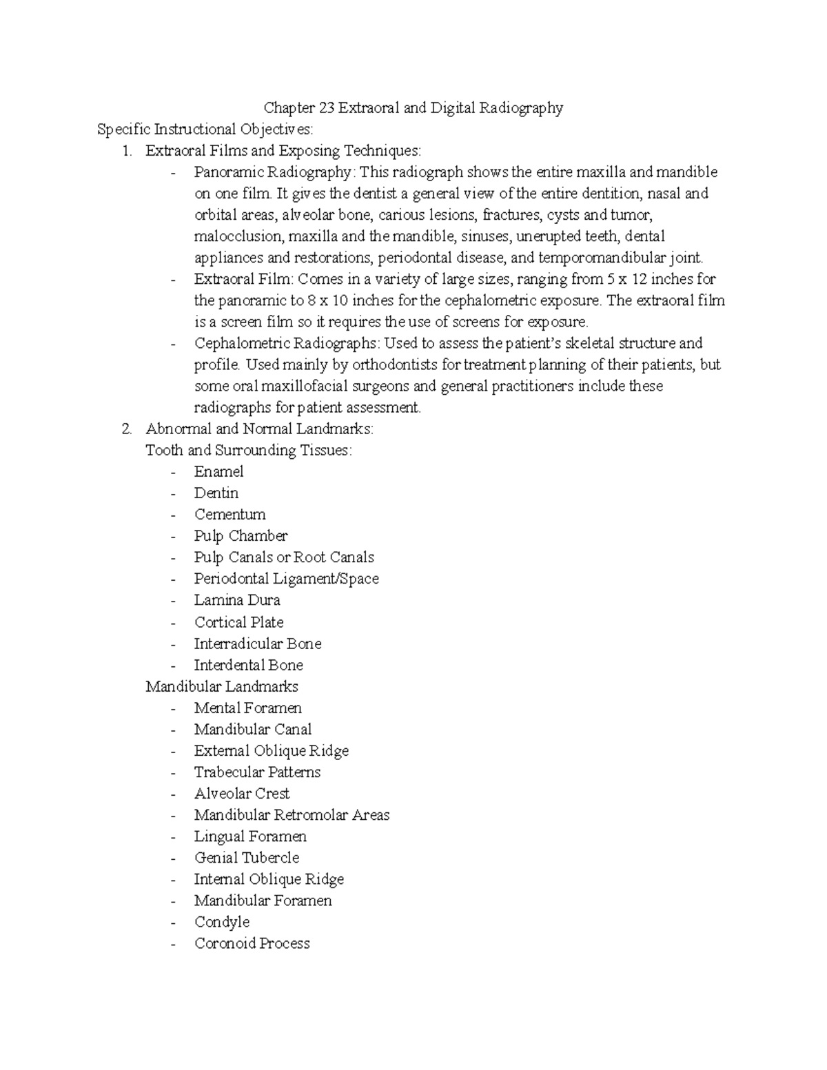 Ch. 23 SIO Definitions Chapter 23 Extraoral and Digital Radiography