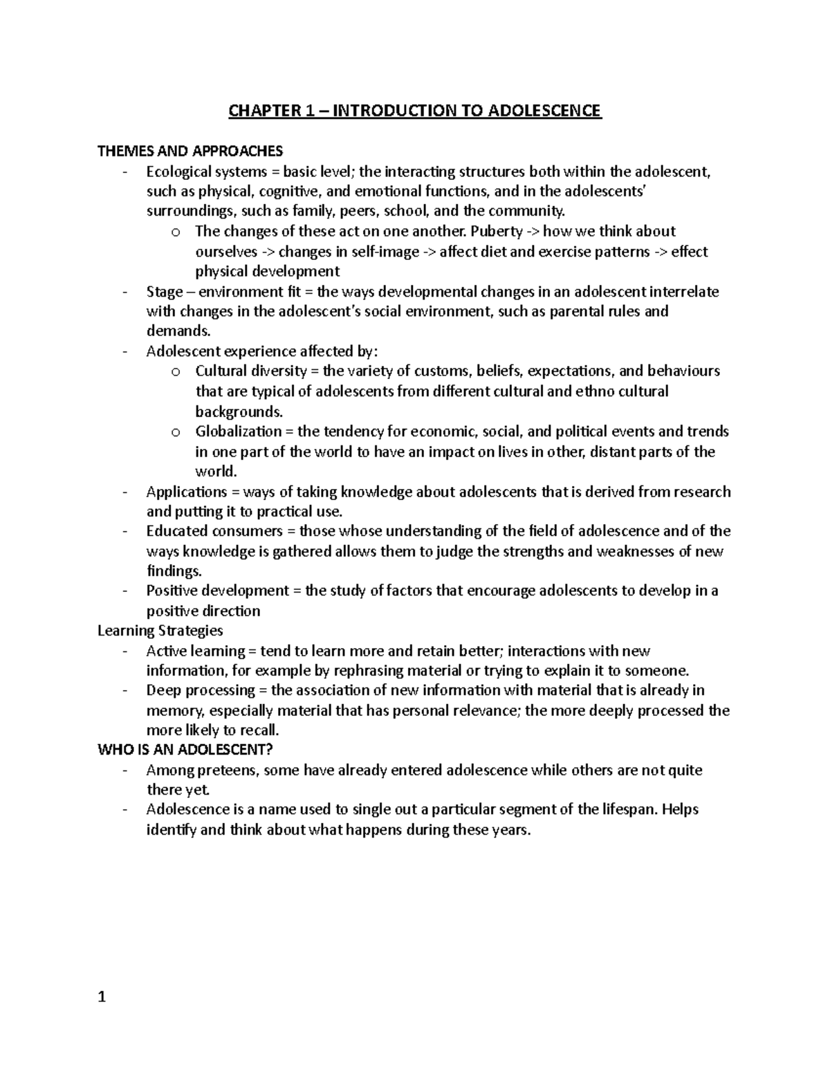 Chapter 1 - Lecture Notes 1 - CHAPTER 1 – INTRODUCTION TO ADOLESCENCE ...