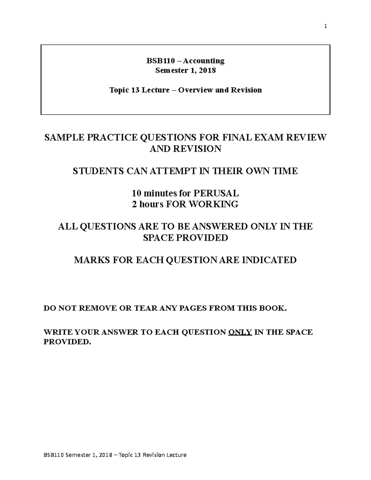 Exam November 2019, questions - BSB110 – Accounting Semester 1, 2018 ...
