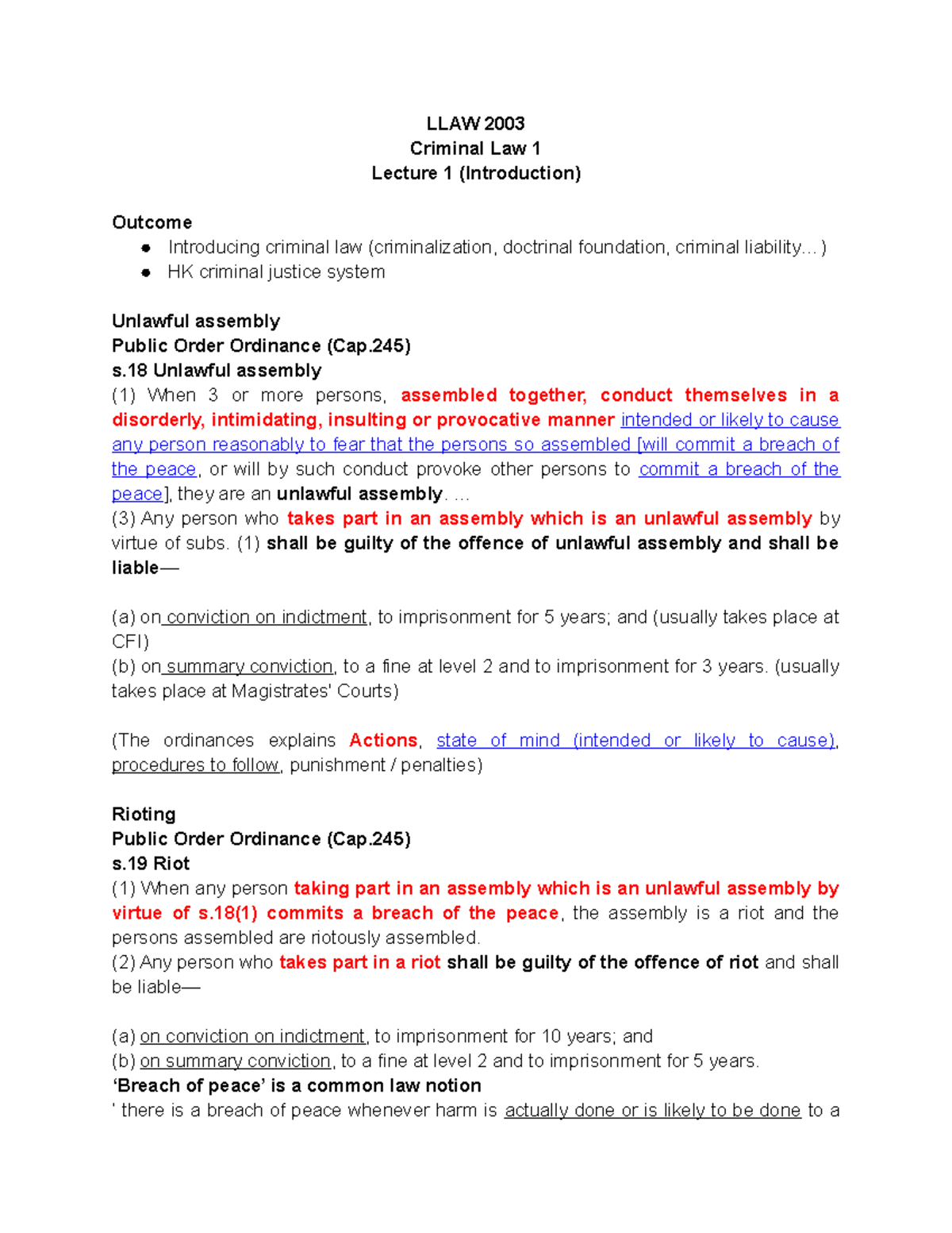 Topic 1 Lecture 1 Notes - LLAW 2003 Criminal Law 1 Lecture 1 ...