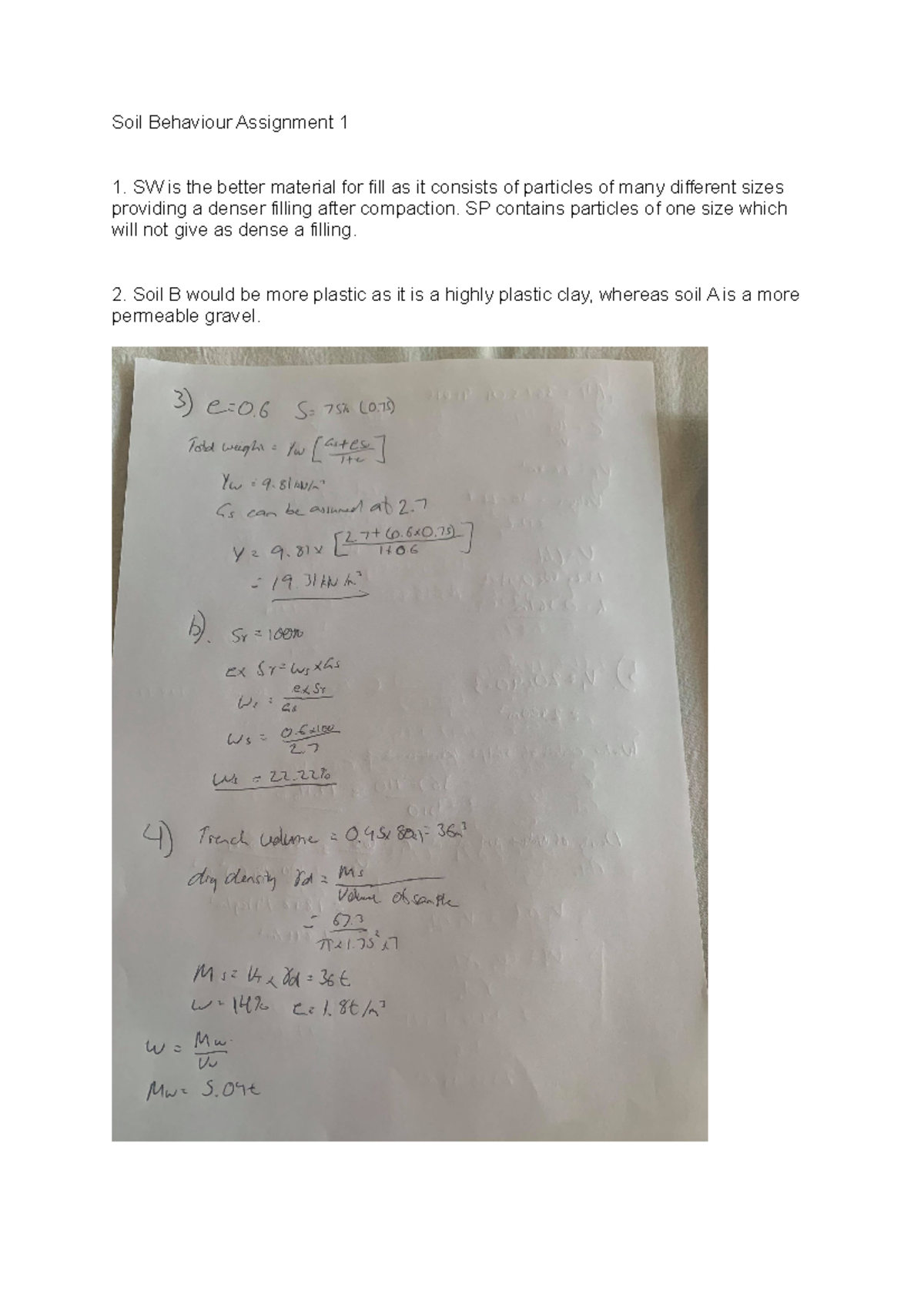 Soil Behaviour Assignment 1 - SP contains particles of one size which ...