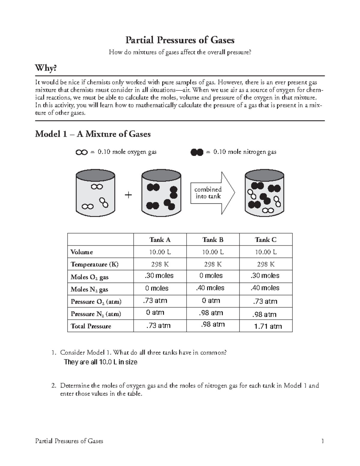 POGIL Partial Pressures of Gases - Partial Pressures of Gases 1 Partial ...