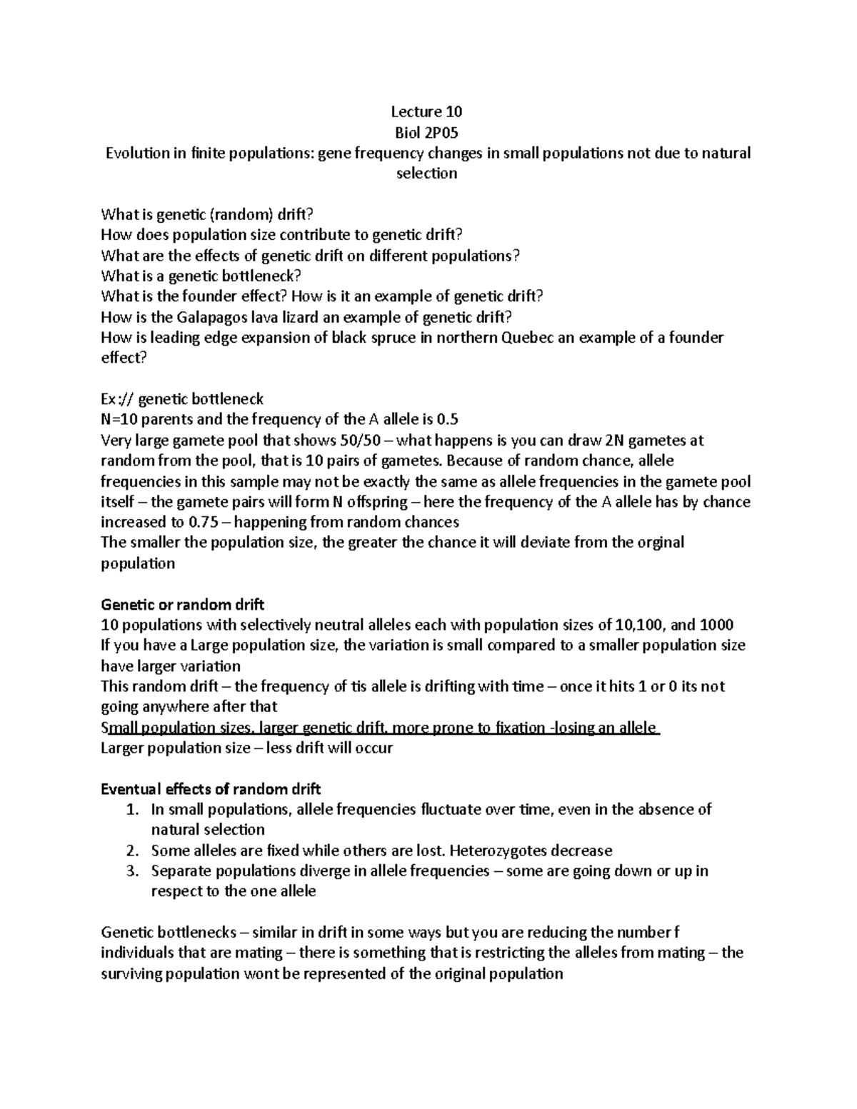 Lecture 10 Biol 2P05 - Lecture 10 Biol 2P Evolution in finite ...