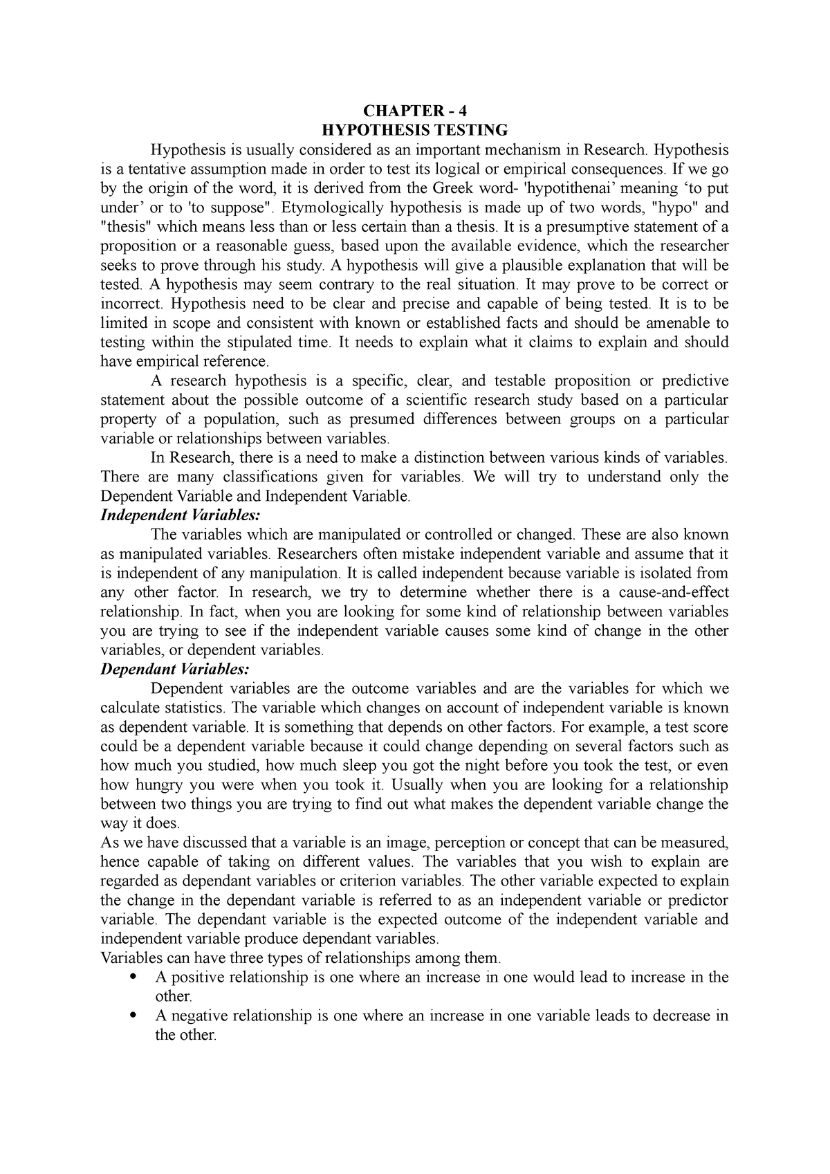 Chapter 4 - Business Statistics - CHAPTER - 4 HYPOTHESIS TESTING ...