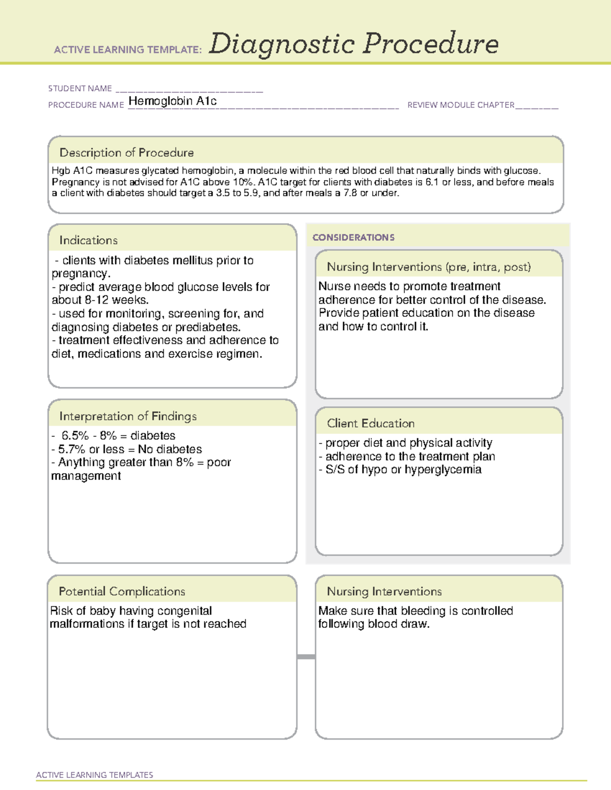 Diagnostic Procedure Hemoglobin A1c - NUR1310 - ACTIVE LEARNING ...