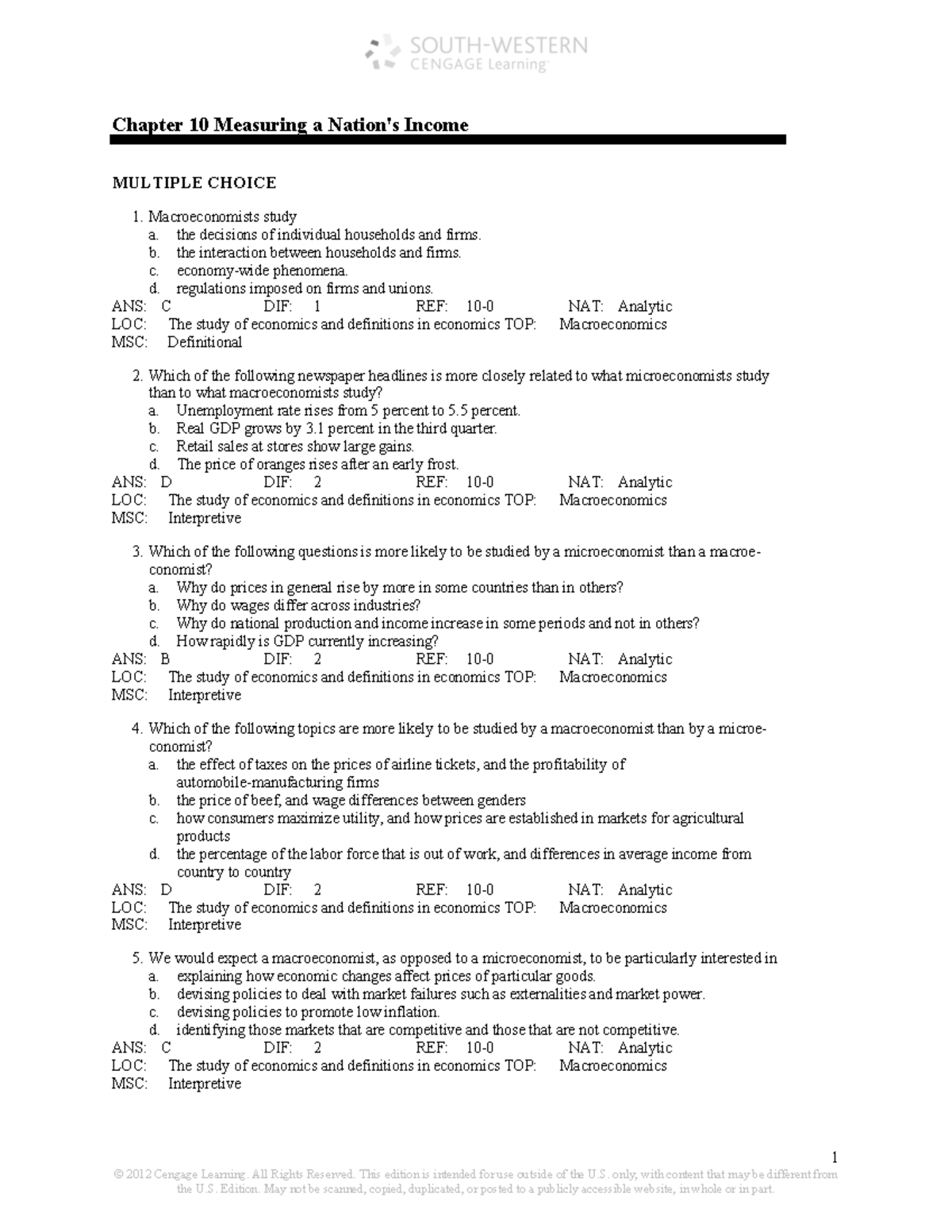 Chapter 10 Macro Test Bank Final - 1 © 2012 Cengage Learning. All ...