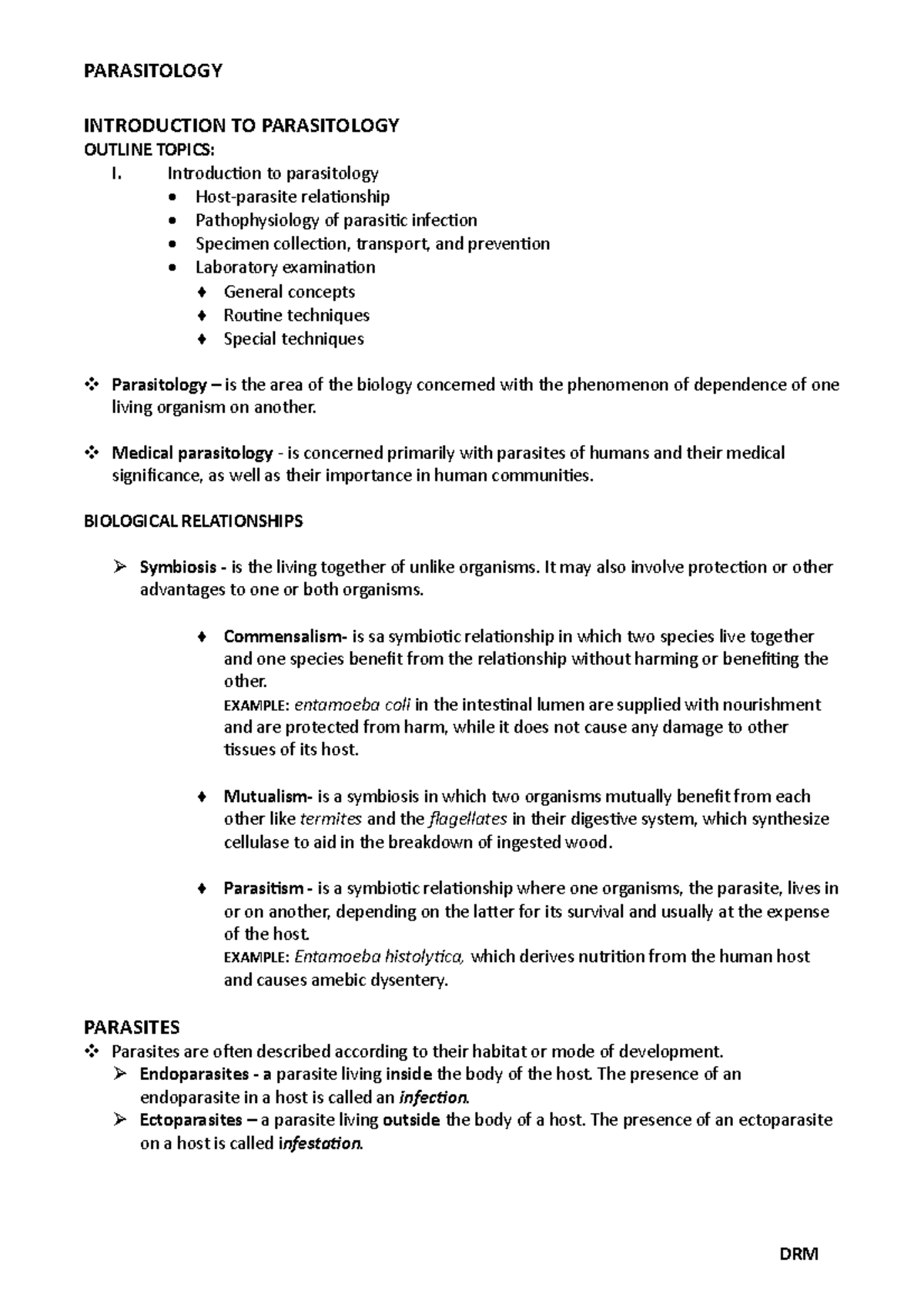 Introduction OF Parasitology - INTRODUCTION TO PARASITOLOGY OUTLINE ...