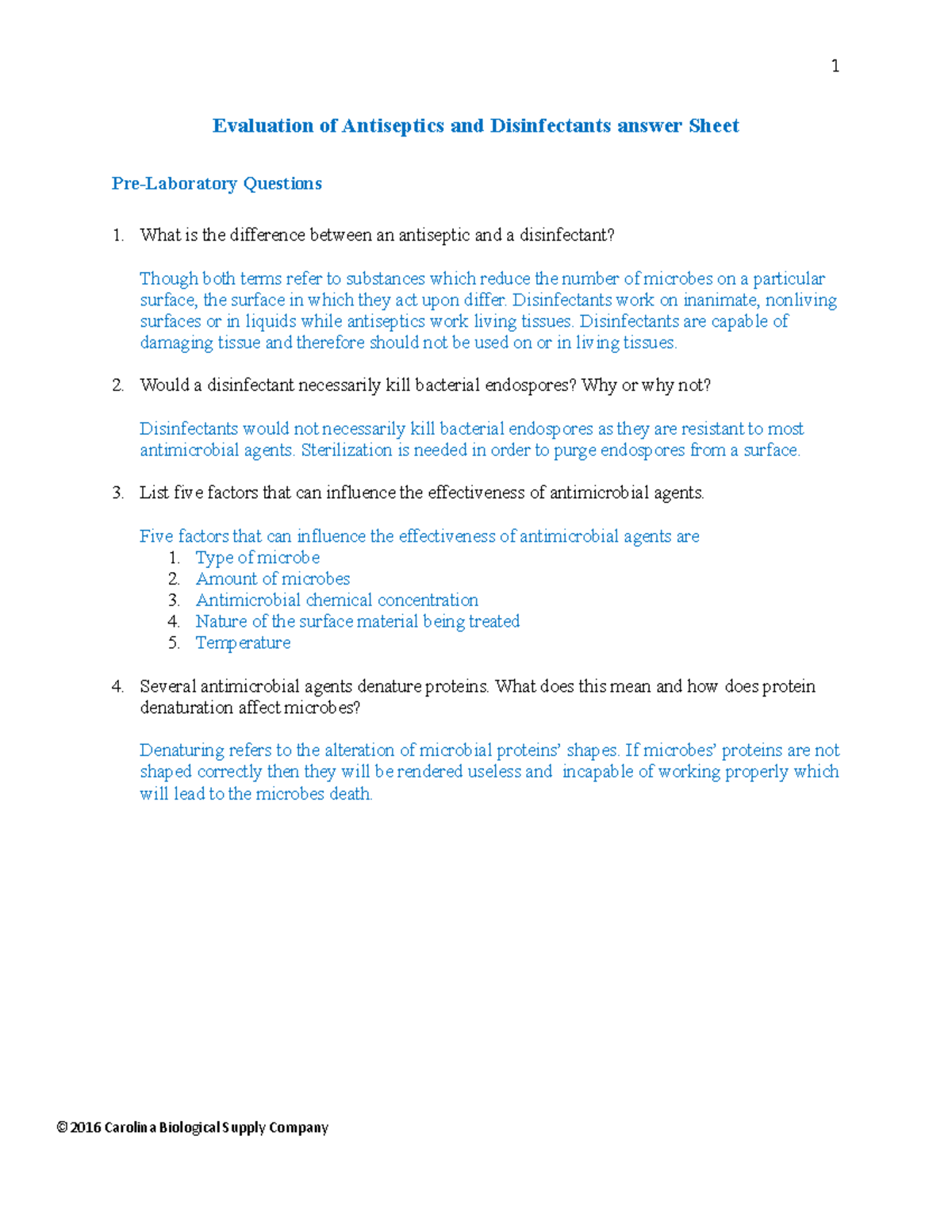 Evaluation of Antiseptics and Disinfectants Questions 1 Evaluation of